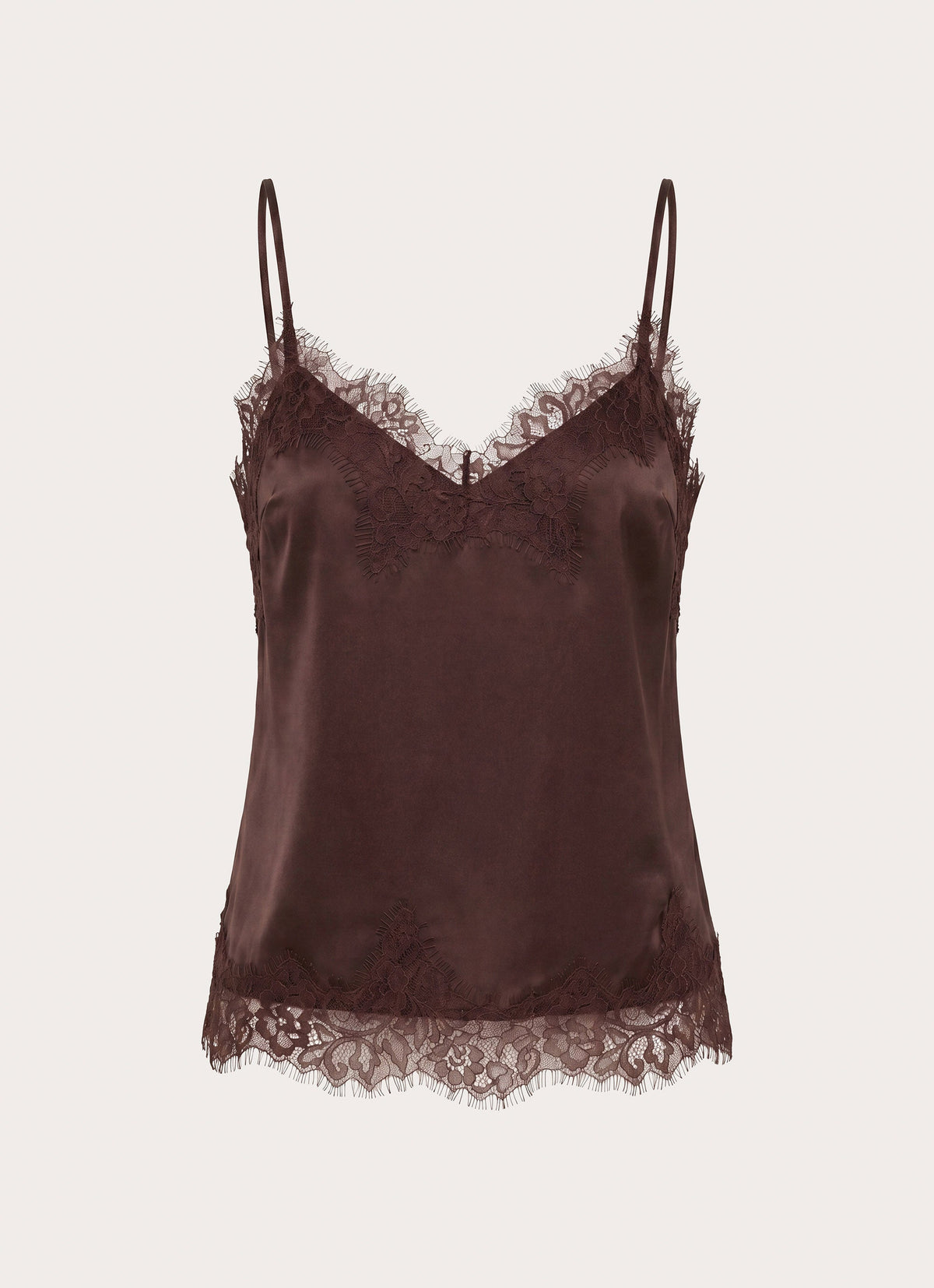 Satin Lace-Trim Cami Top - Chocolate