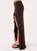 Side-Split Frill Maxi Skirt - Brown