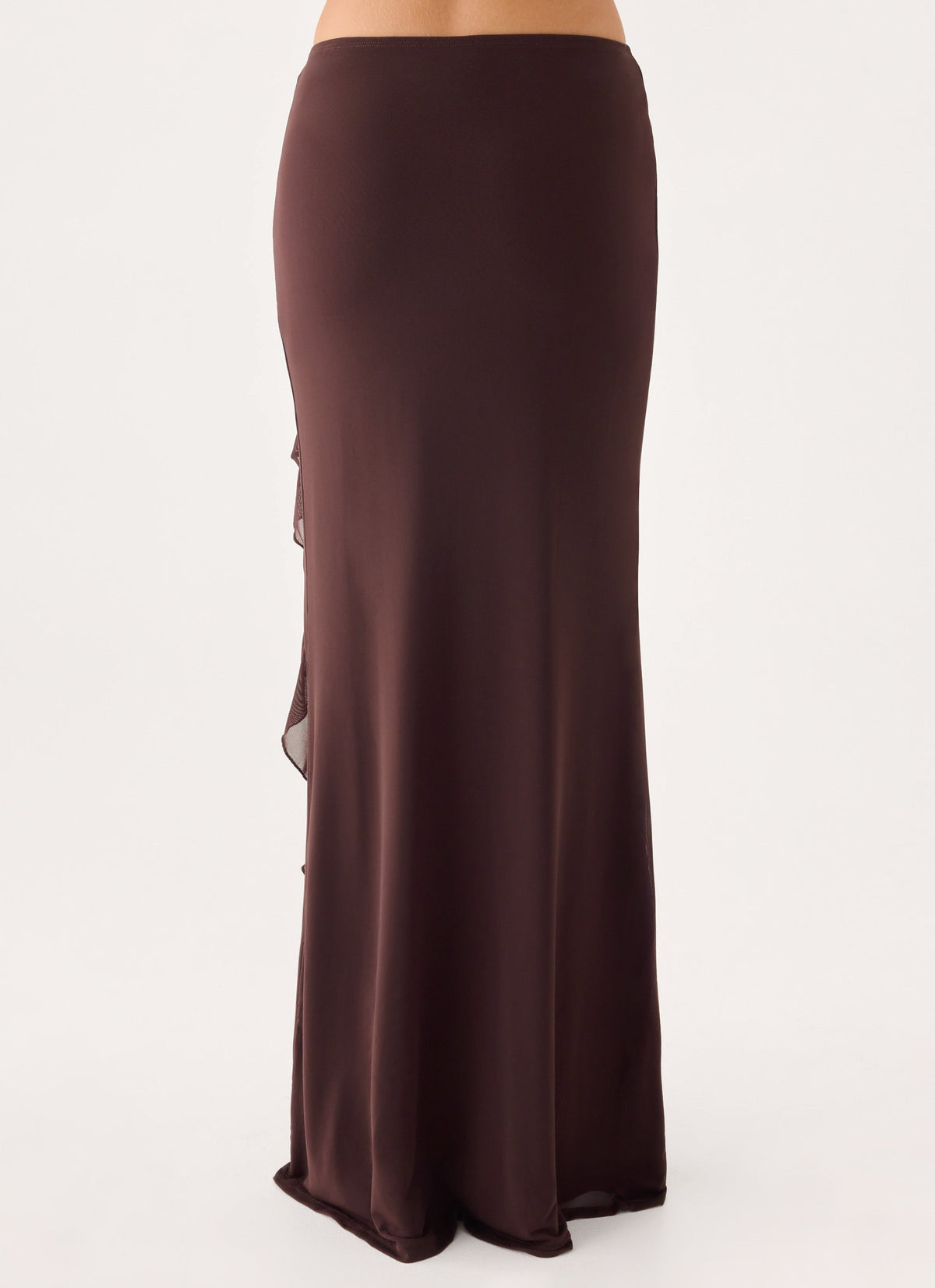 Side-Split Frill Maxi Skirt - Brown