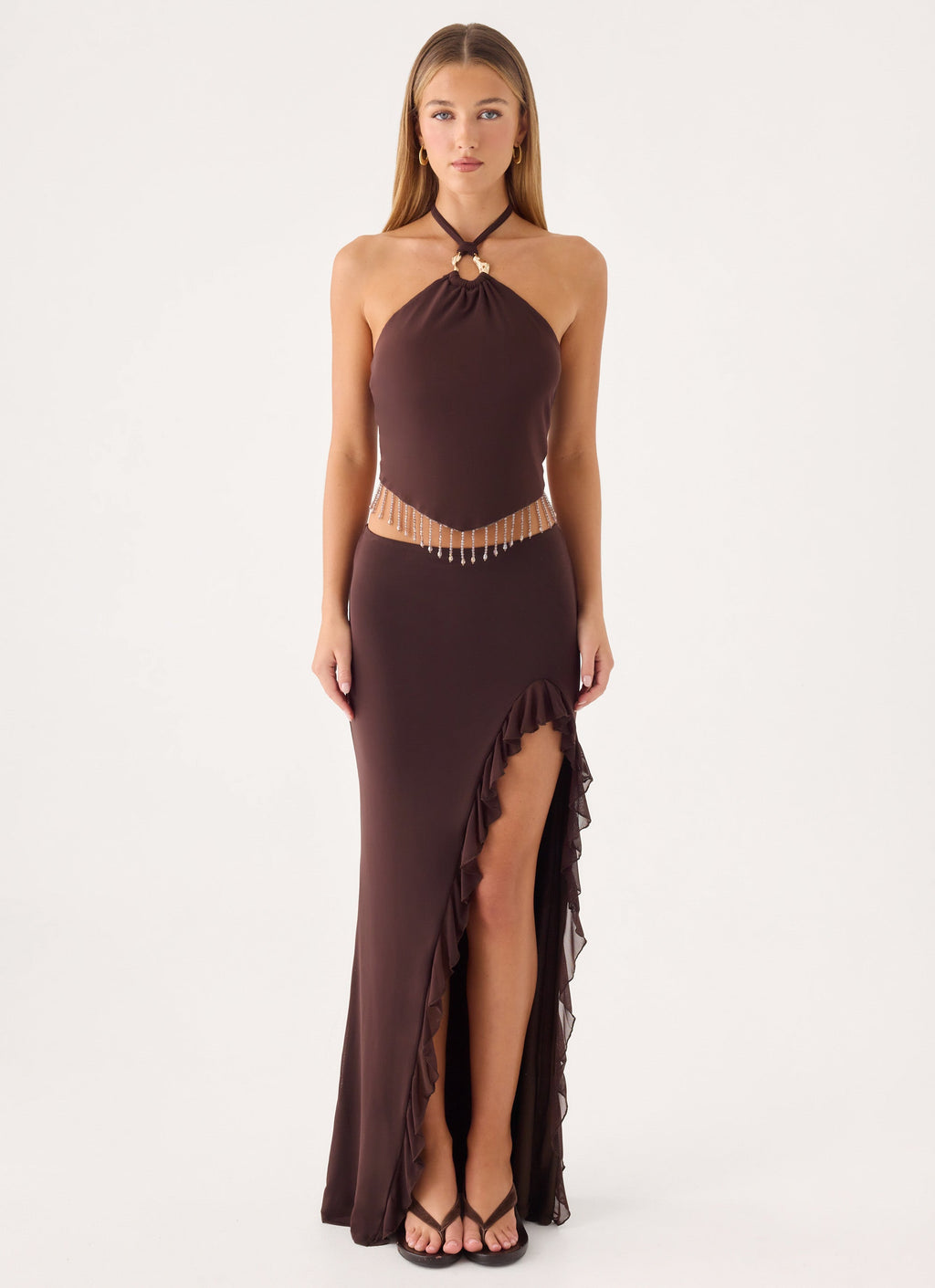 Side-Split Frill Maxi Skirt - Brown