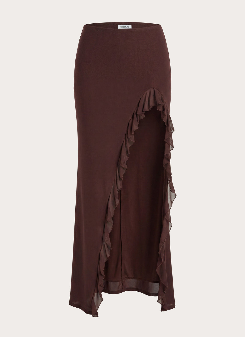 Side-Split Frill Maxi Skirt - Brown