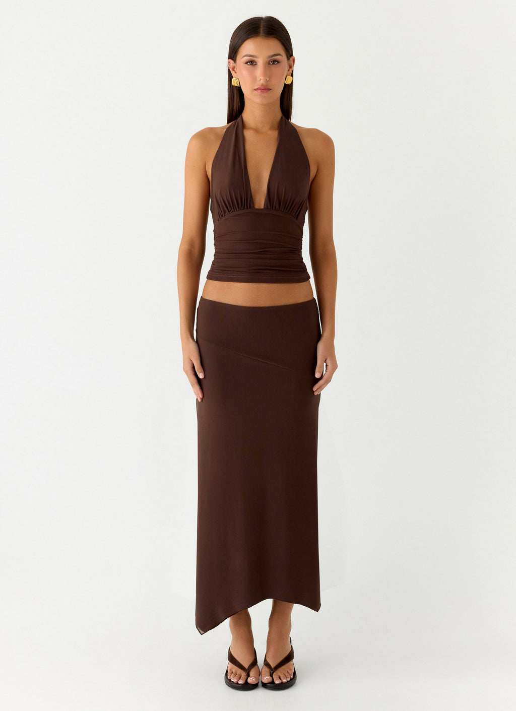 Ruched Plunge Halter Top - Chocolate