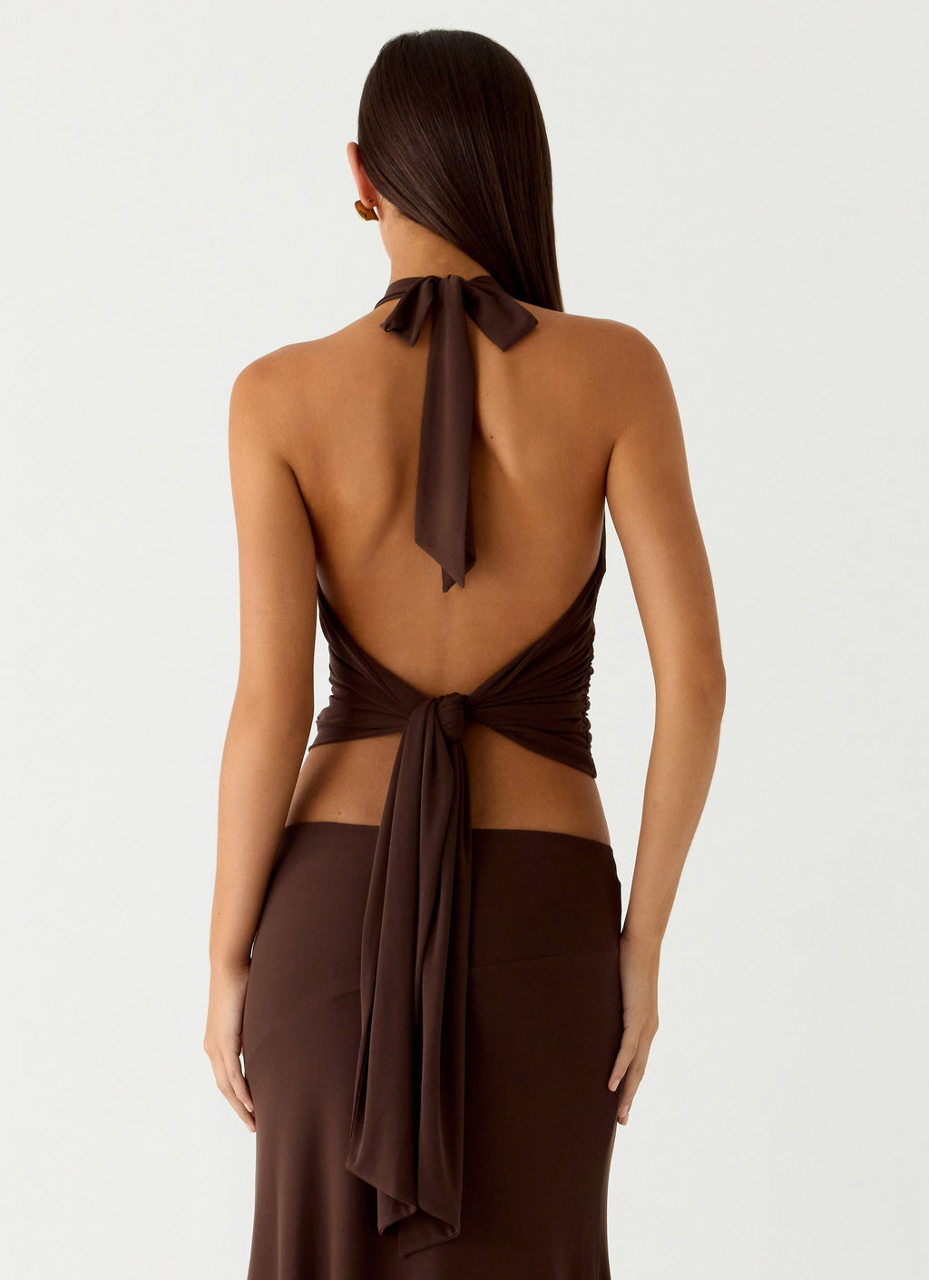 Ruched Plunge Halter Top - Chocolate