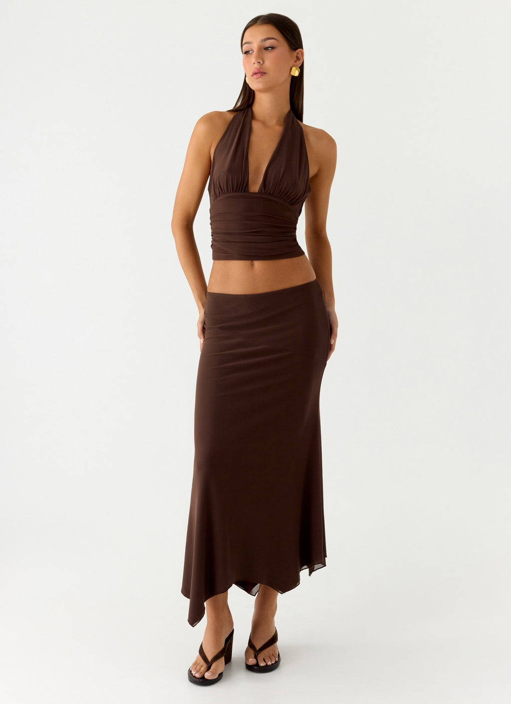 Ruched Plunge Halter Top - Chocolate