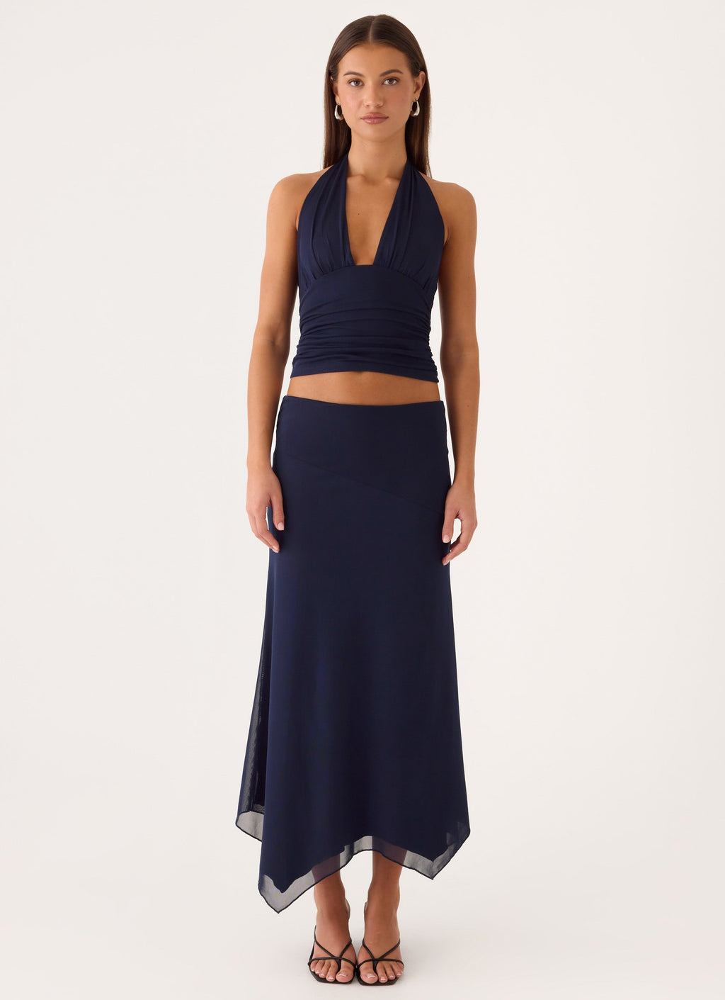 Ruched Plunge Halter Top - Dark Navy