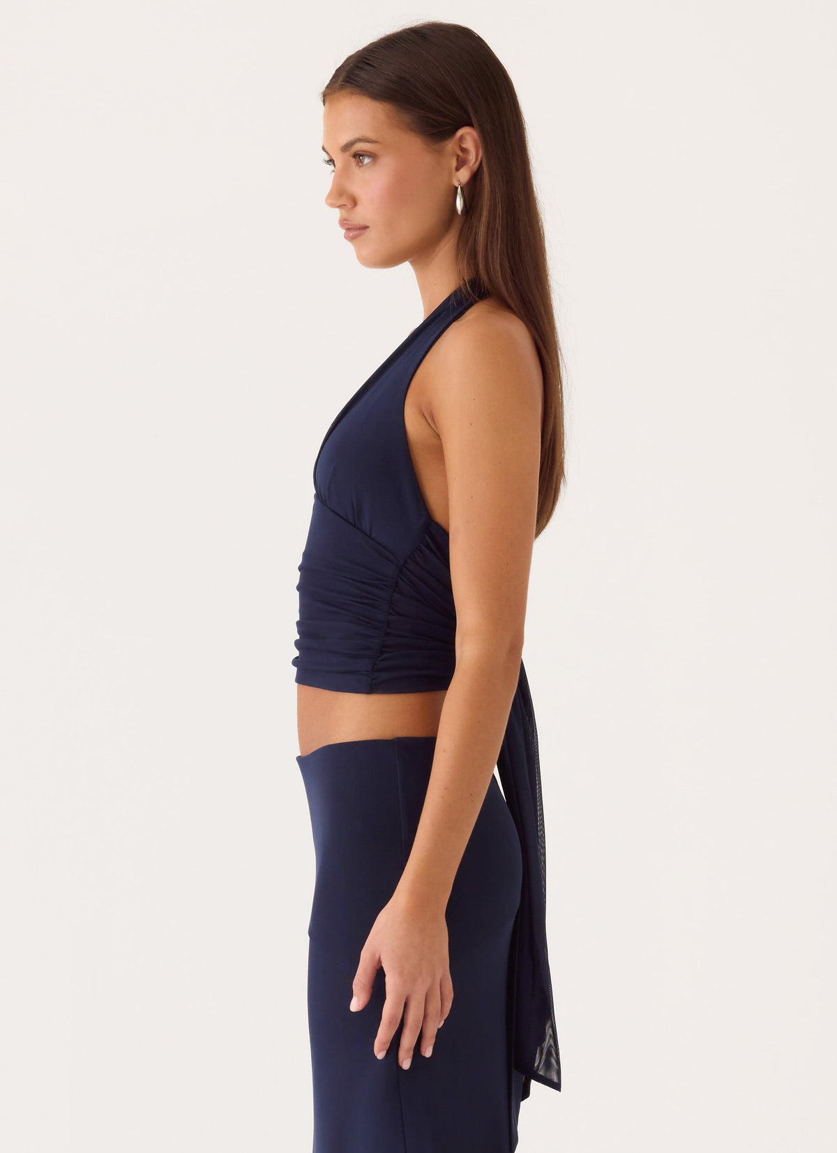 Ruched Plunge Halter Top - Dark Navy