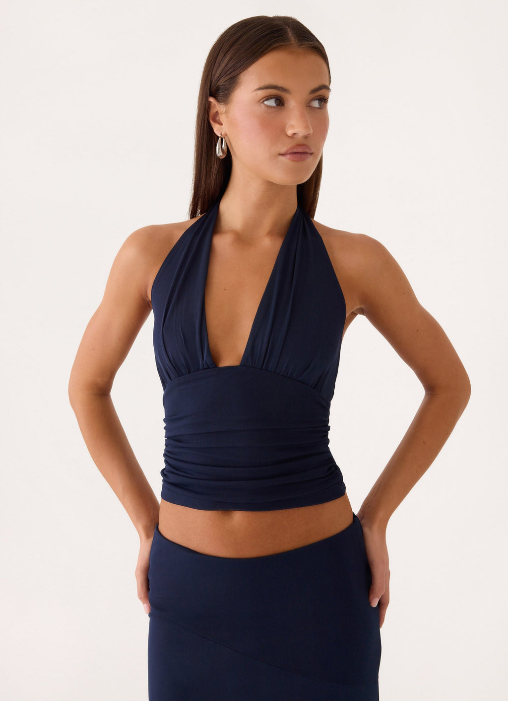 Ruched Plunge Halter Top - Dark Navy
