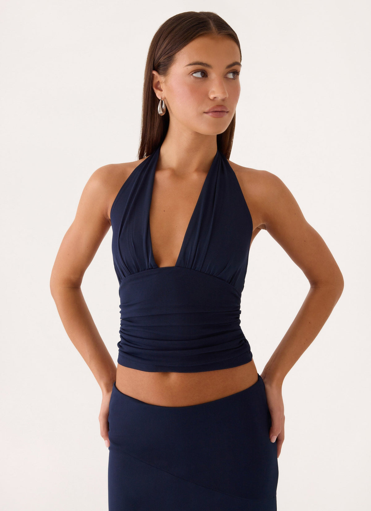 Ruched Plunge Halter Top - Dark Navy