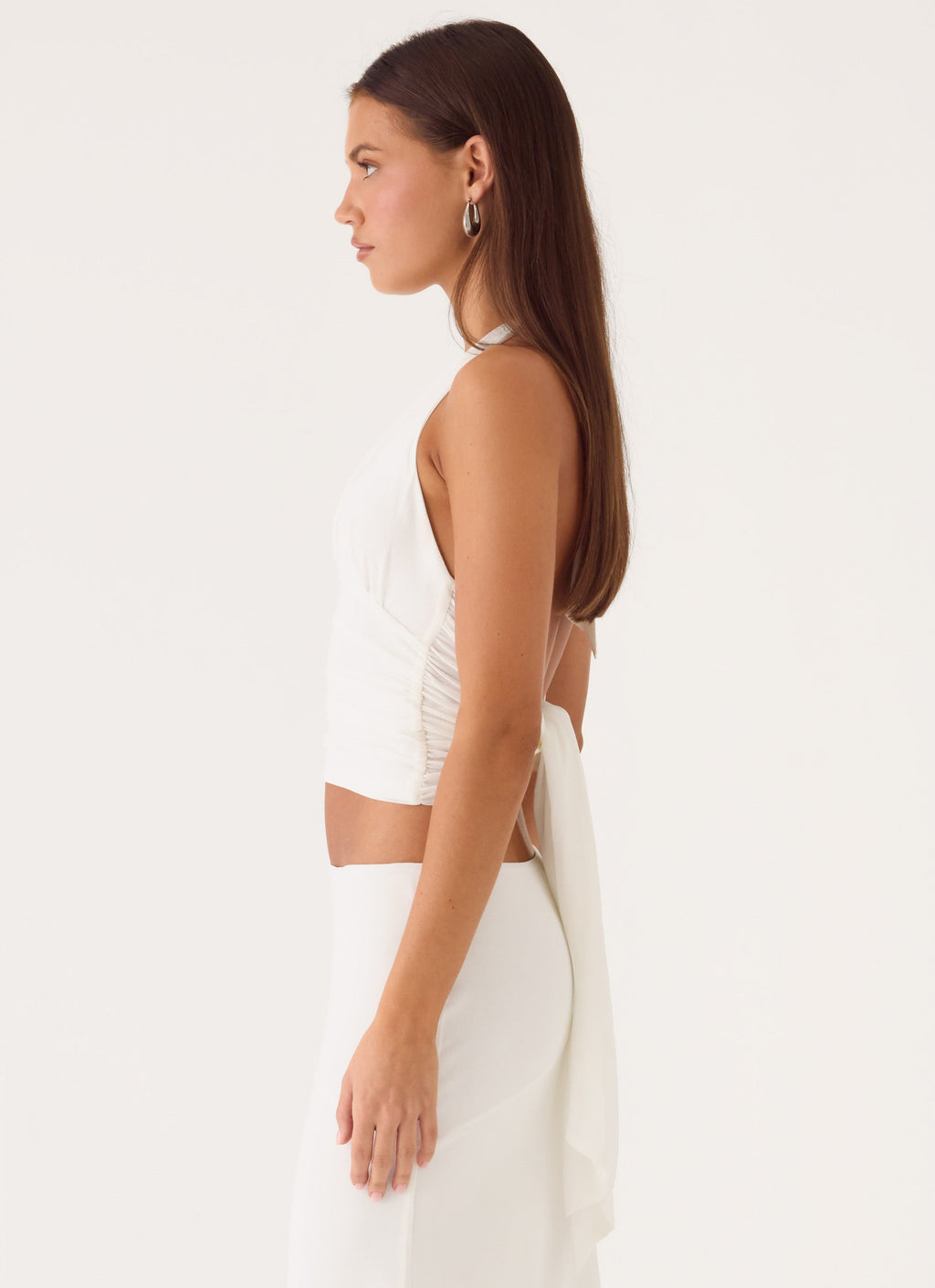 Ruched Plunge Halter Top - White