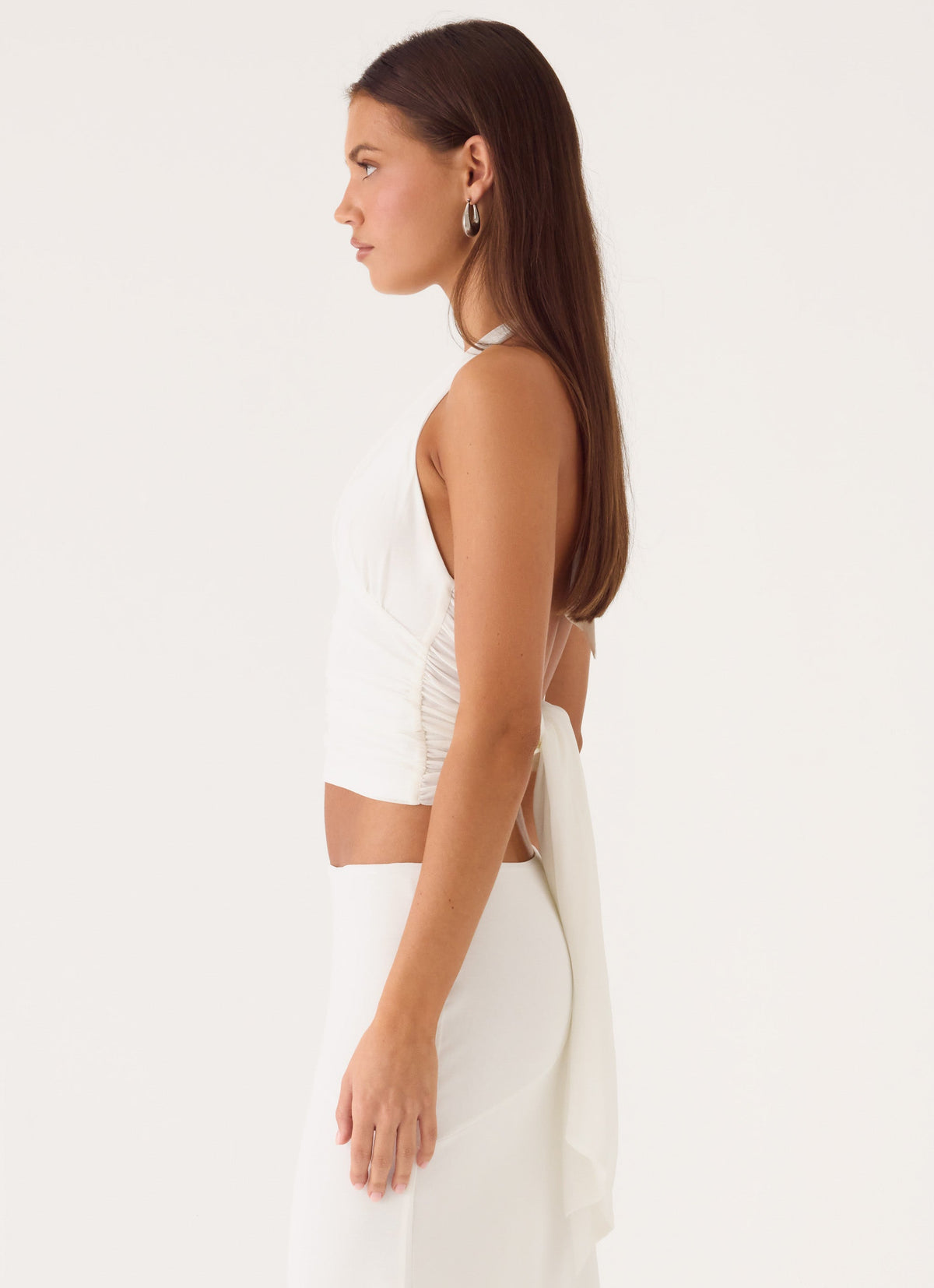 Ruched Plunge Halter Top - White