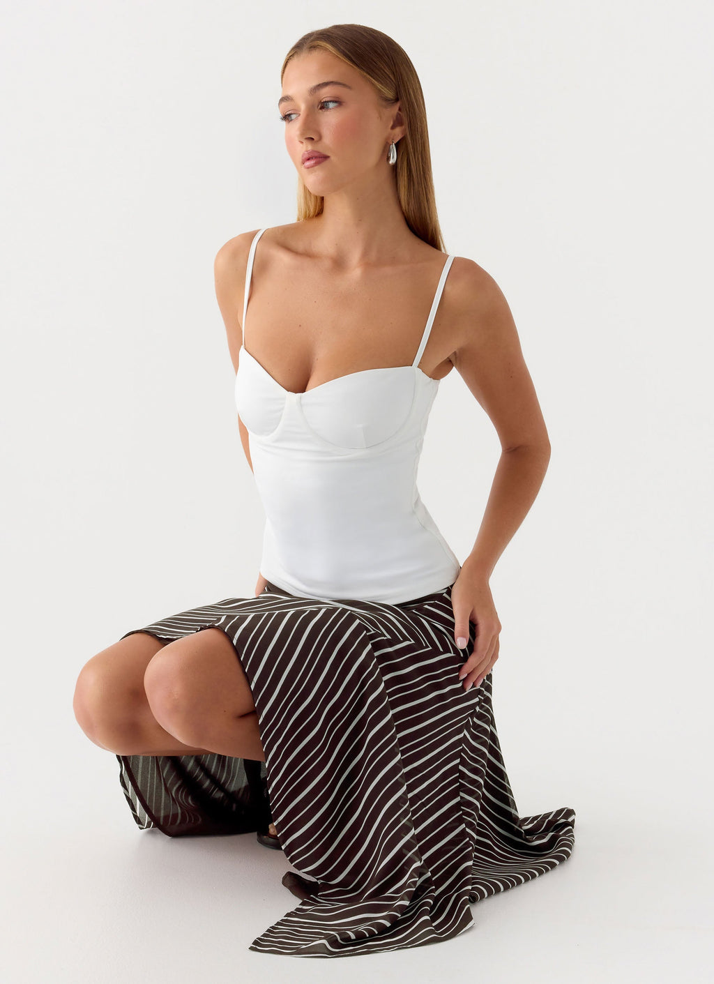 Low-Rise Asymmetrical Midi Skirt - Chocolate Stripe