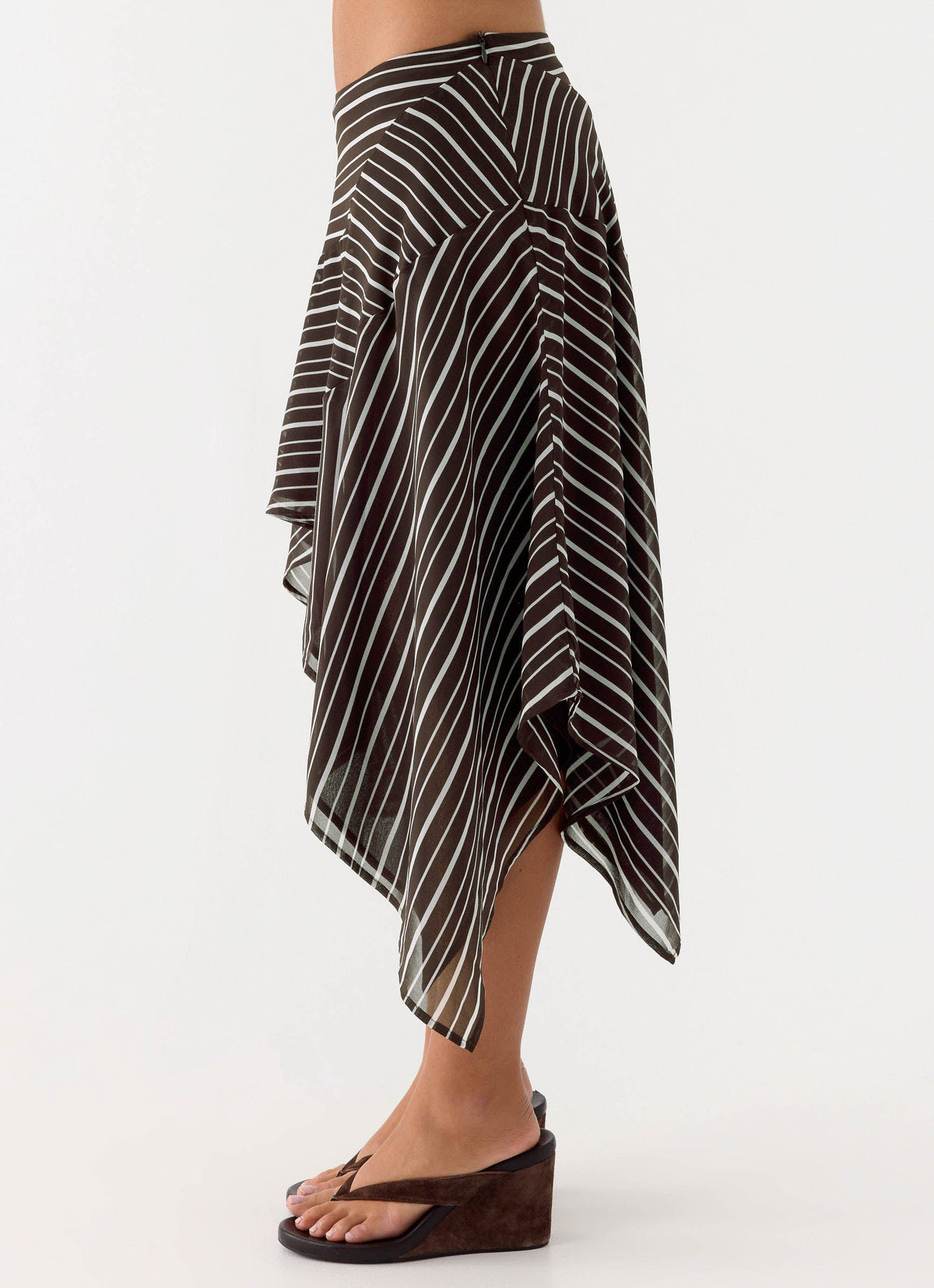 Low-Rise Asymmetrical Midi Skirt - Chocolate Stripe