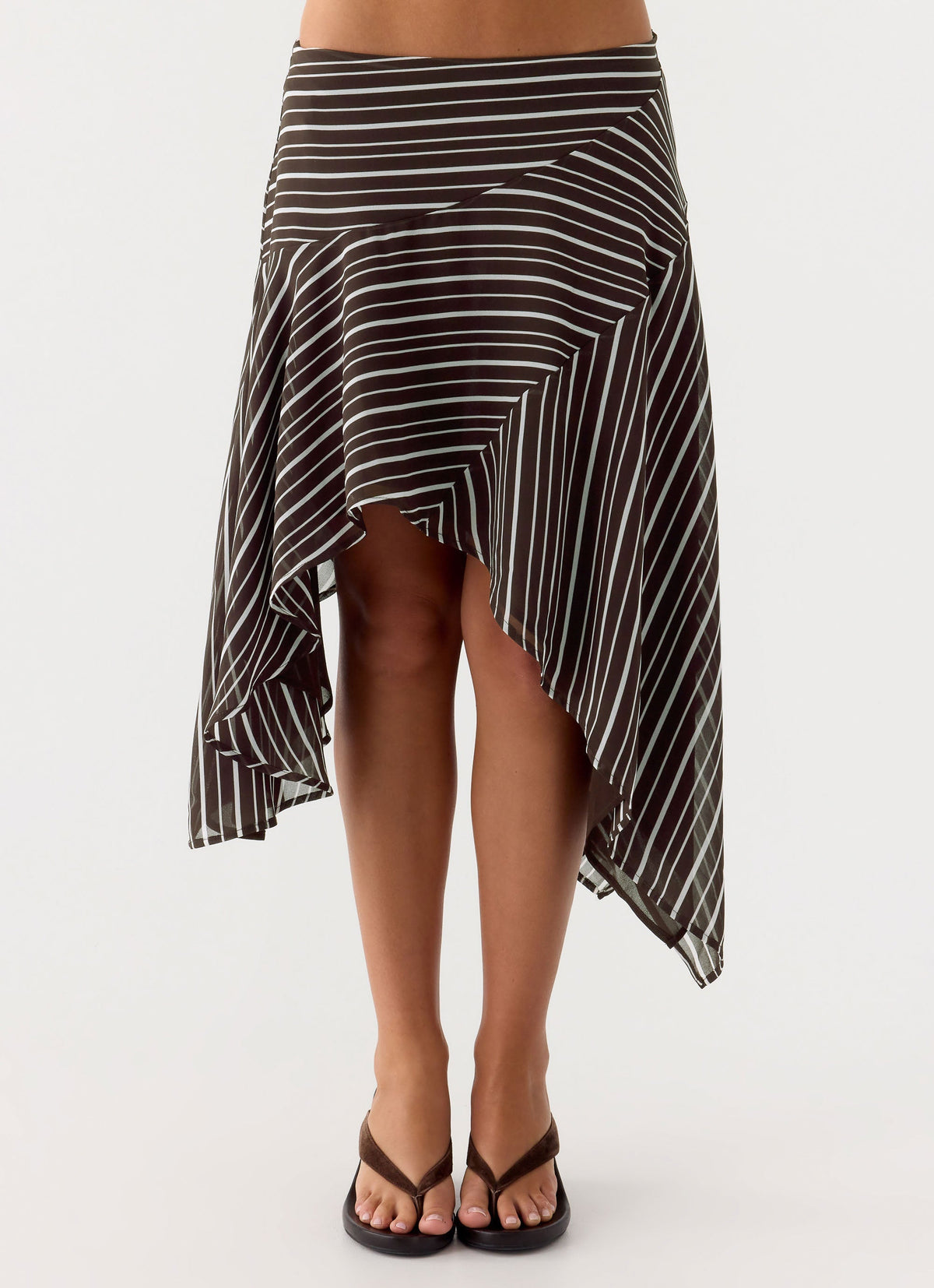Low-Rise Asymmetrical Midi Skirt - Chocolate Stripe