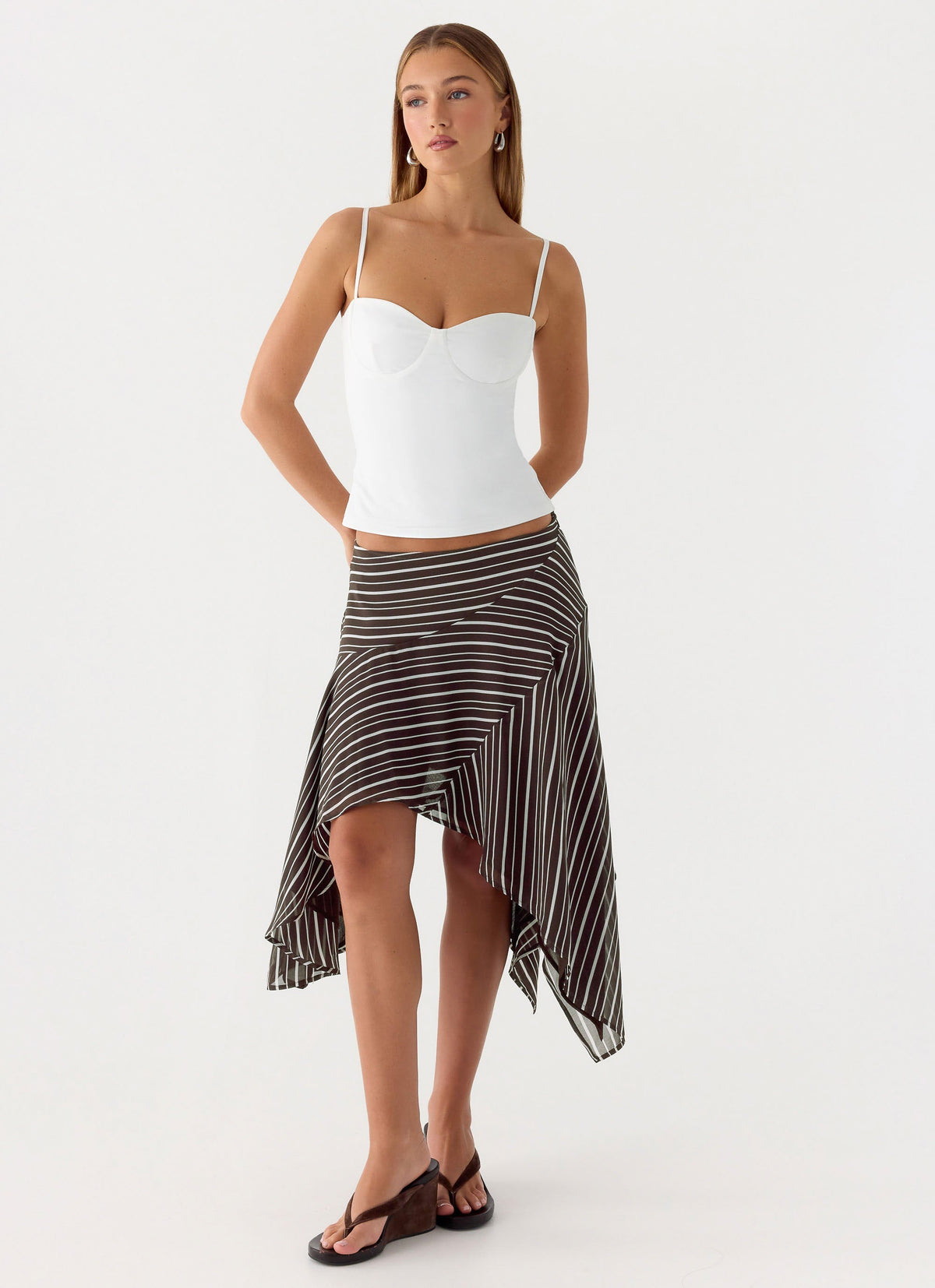 Low-Rise Asymmetrical Midi Skirt - Chocolate Stripe