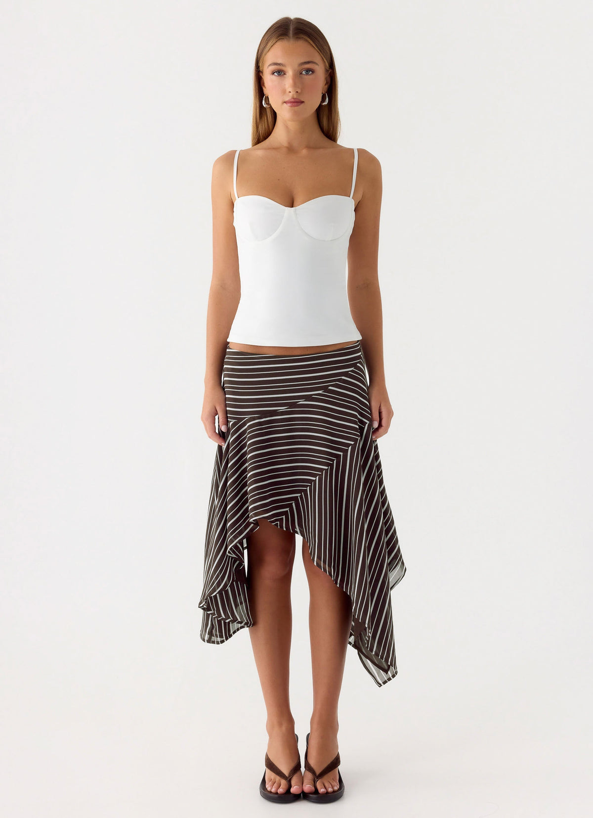 Low-Rise Asymmetrical Midi Skirt - Chocolate Stripe