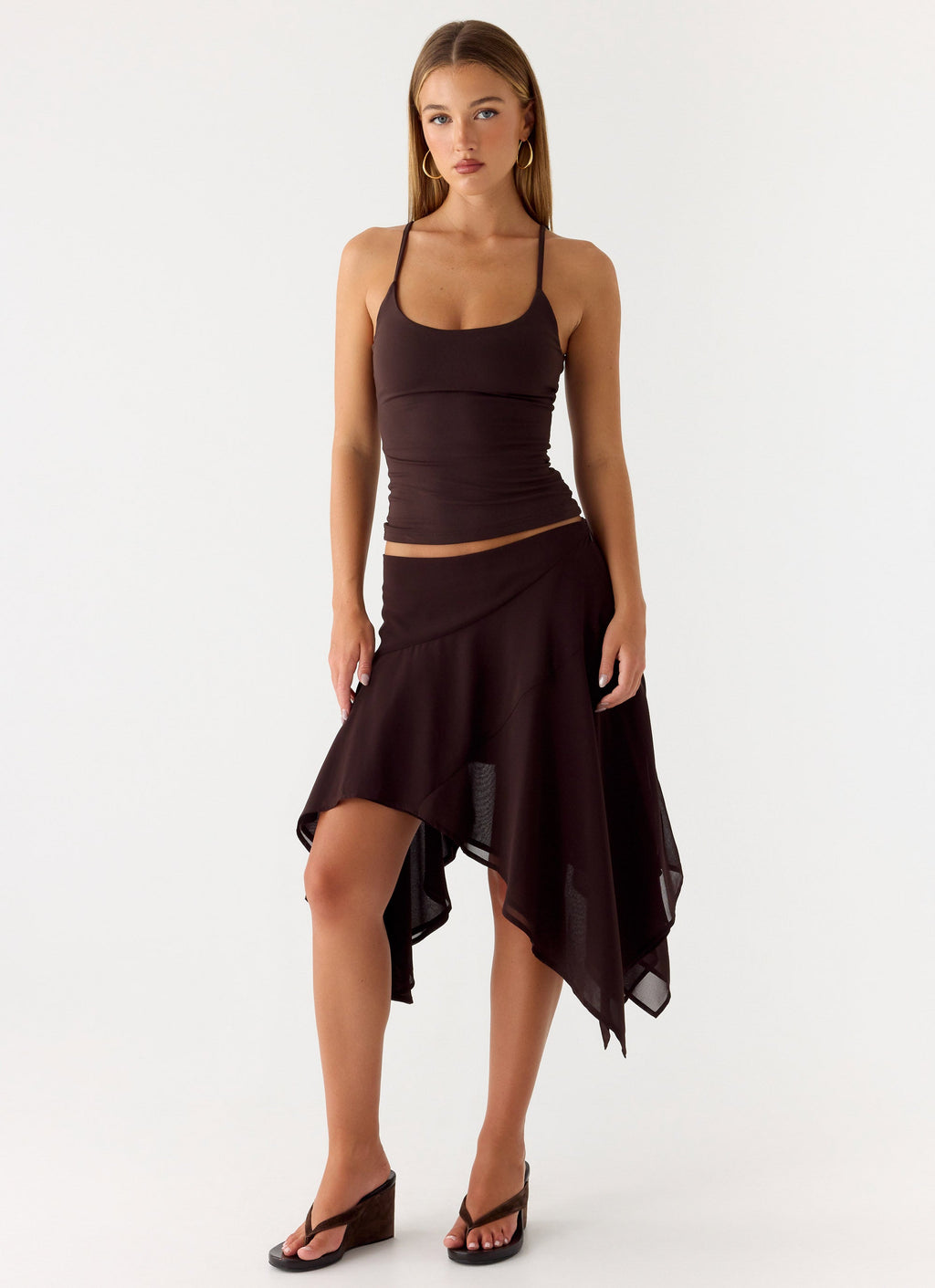 Low-Rise Asymmetrical Midi Skirt - Chocolate