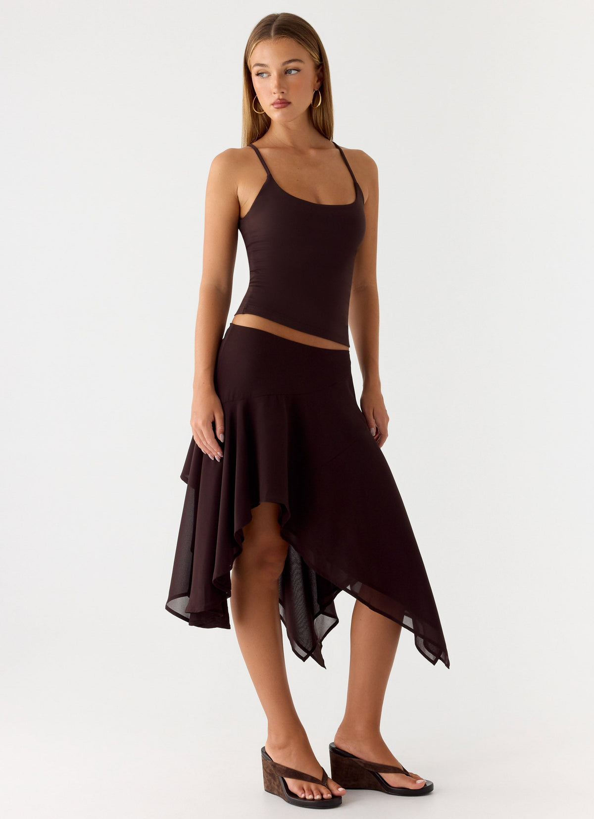 Low-Rise Asymmetrical Midi Skirt - Chocolate