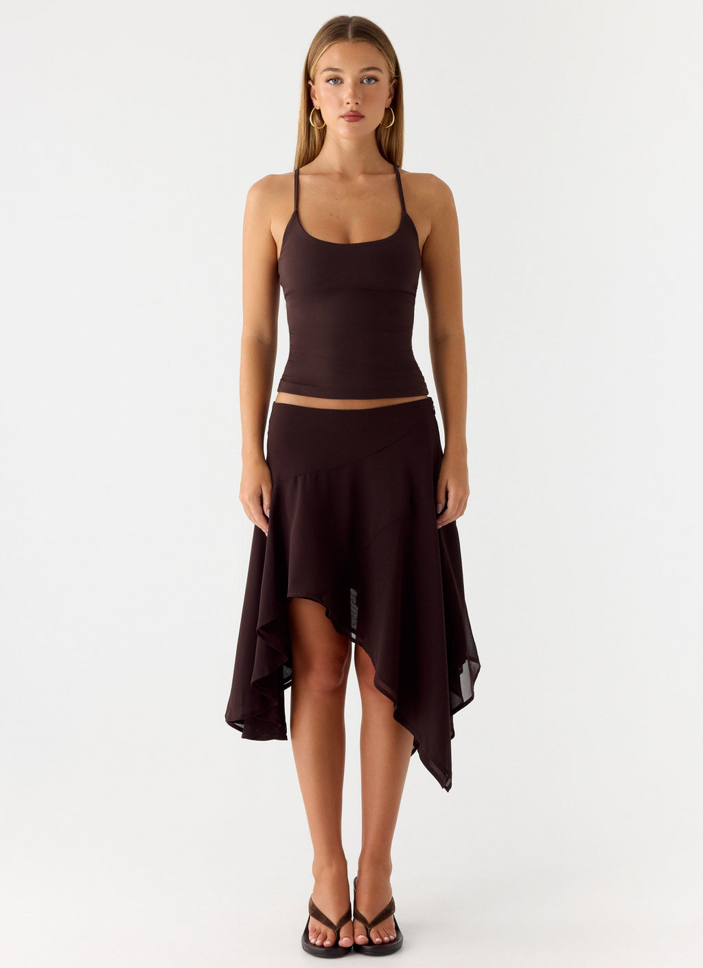 Low-Rise Asymmetrical Midi Skirt - Chocolate