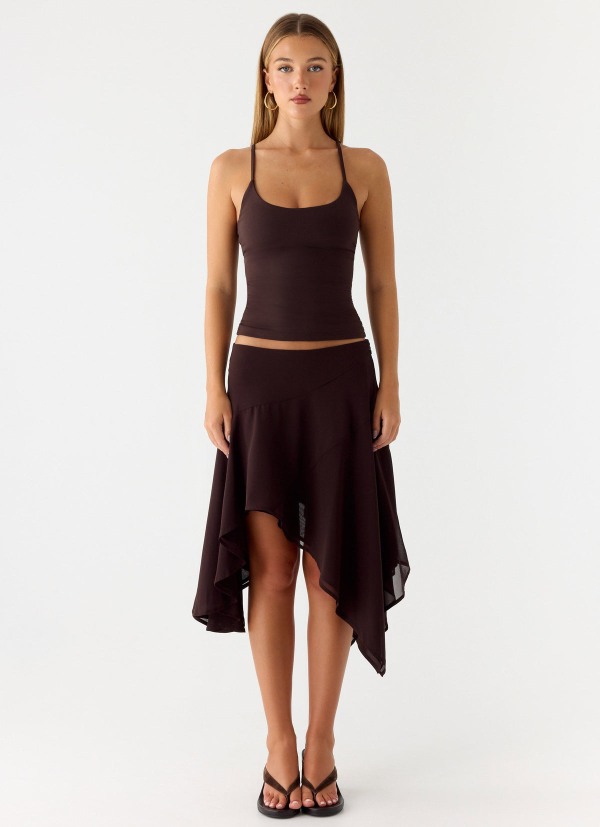 Low-Rise Asymmetrical Midi Skirt - Chocolate