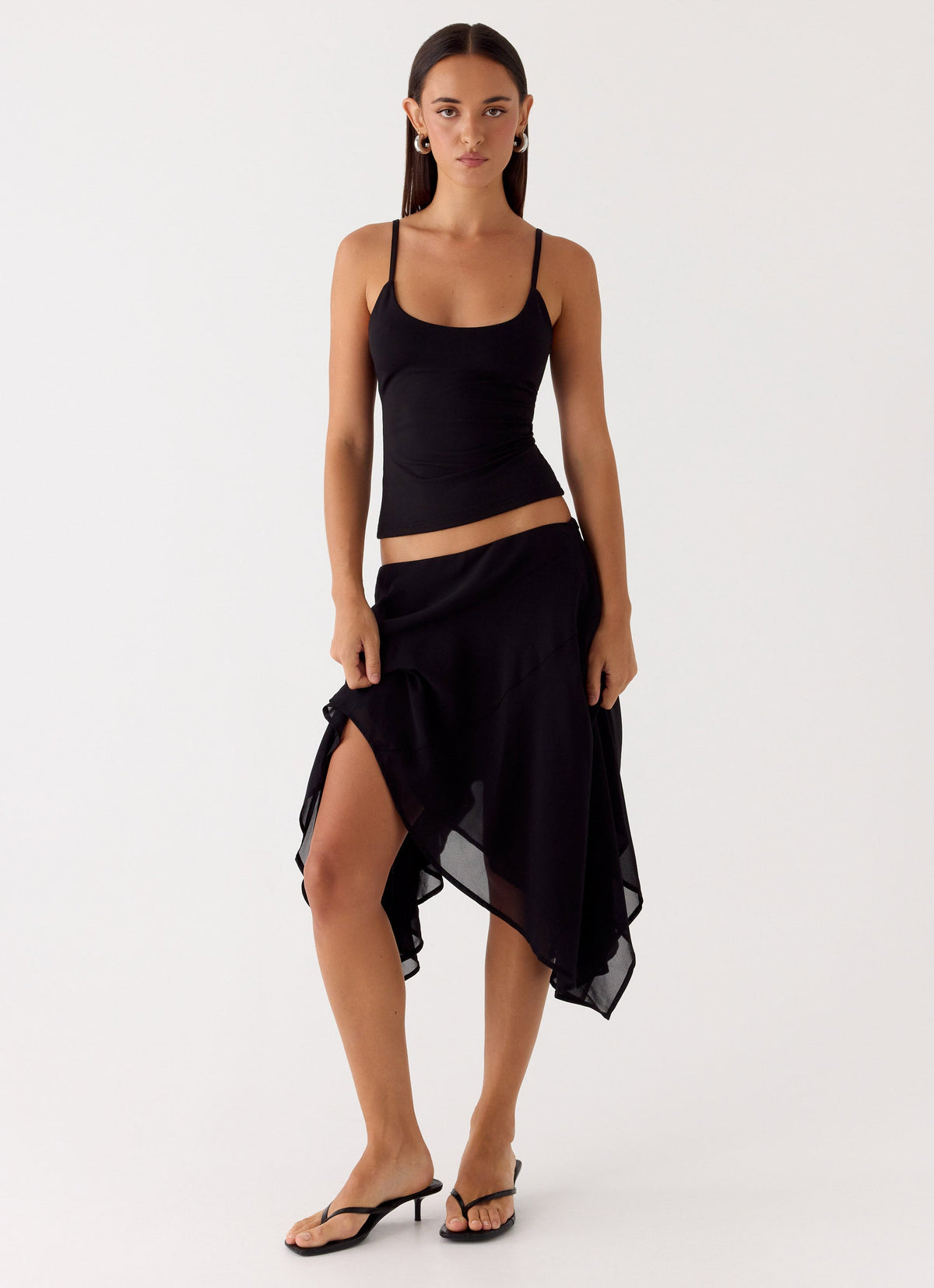 Low-Rise Asymmetrical Midi Skirt - Black