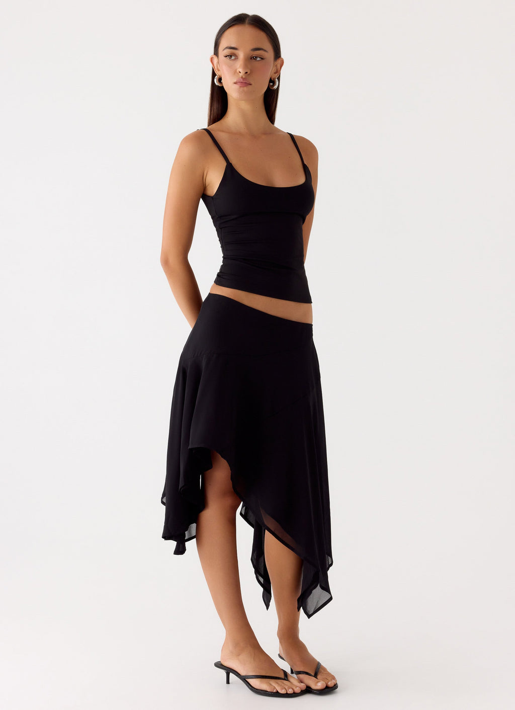 Low-Rise Asymmetrical Midi Skirt - Black
