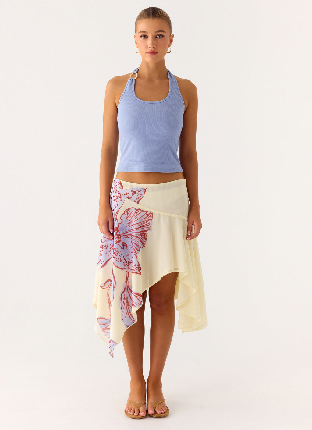 Low-Rise Asymmetrical Midi Skirt - Purple Floral