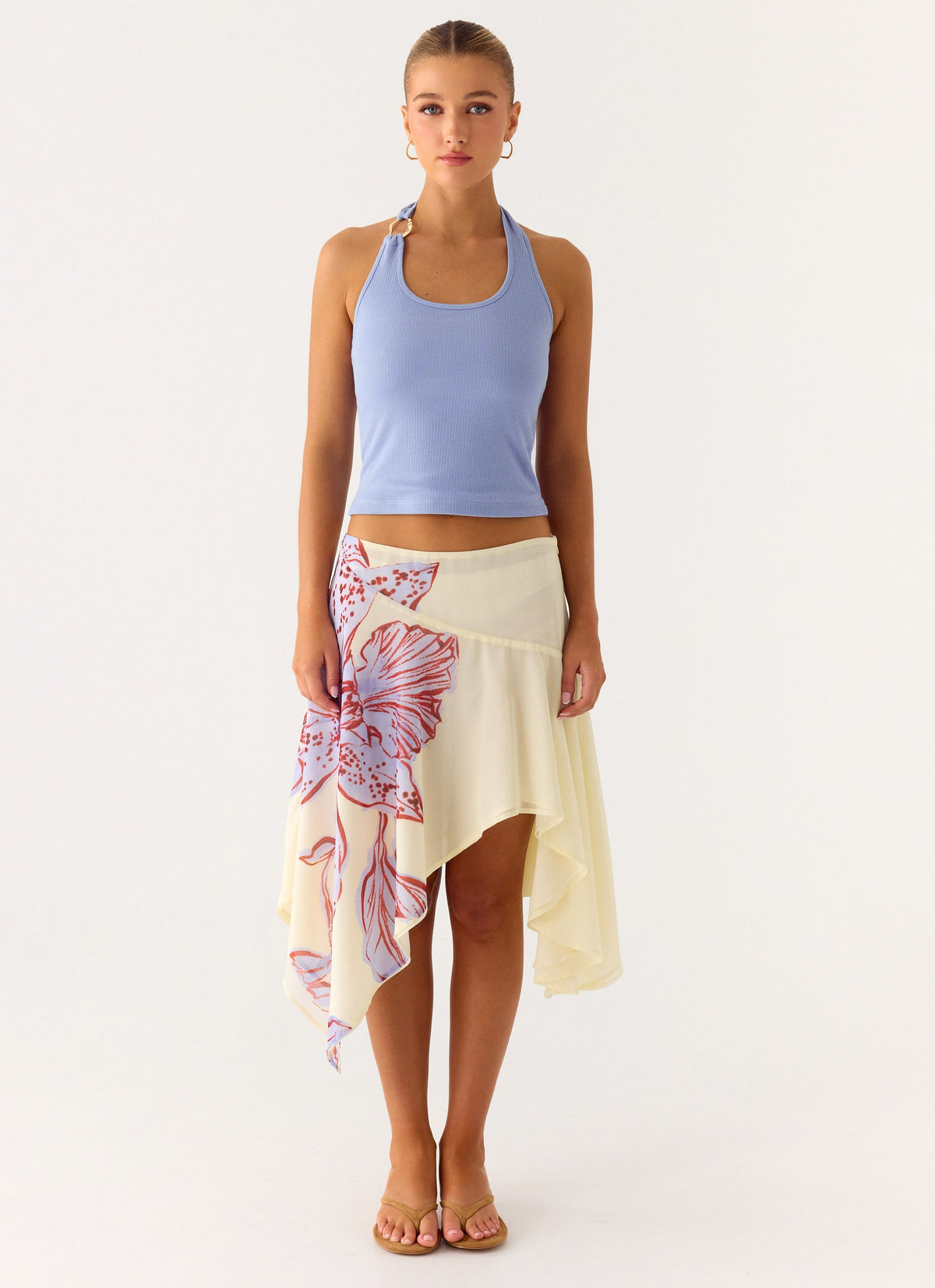 Low-Rise Asymmetrical Midi Skirt - Purple Floral
