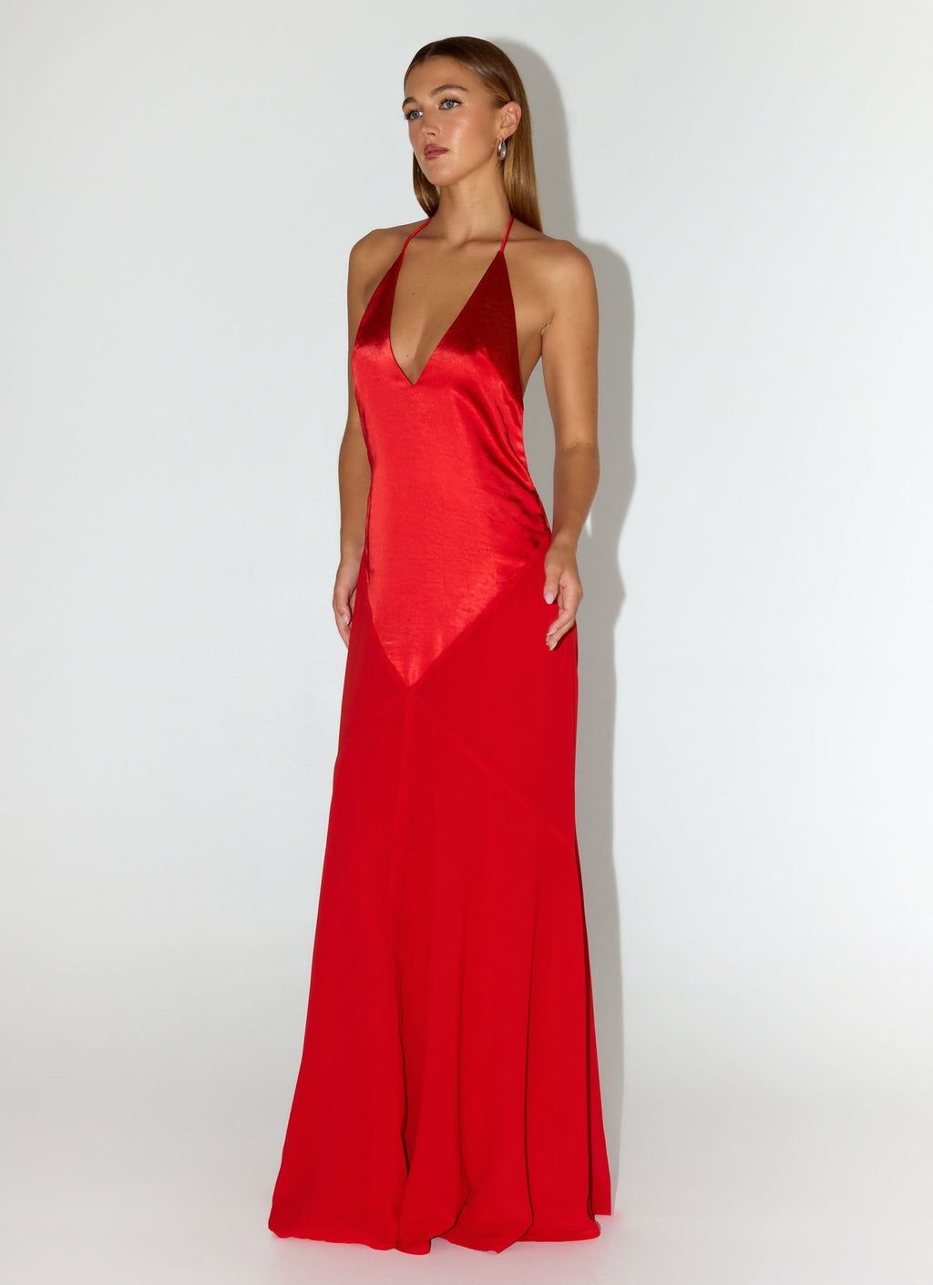 Deep-V Low-Back Satin Maxi Dress - Cherry