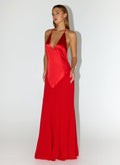 Deep-V Low-Back Satin Maxi Dress - Cherry