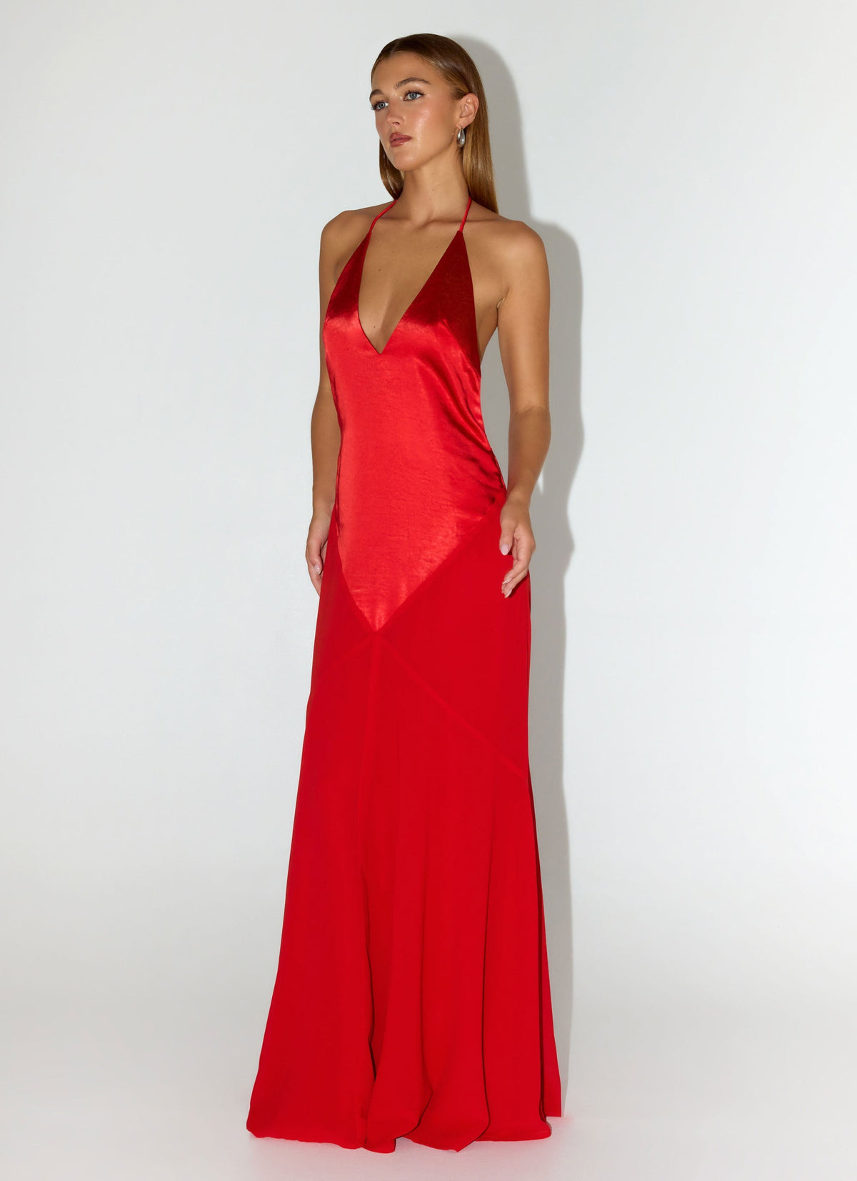 Deep-V Low-Back Satin Maxi Dress - Cherry