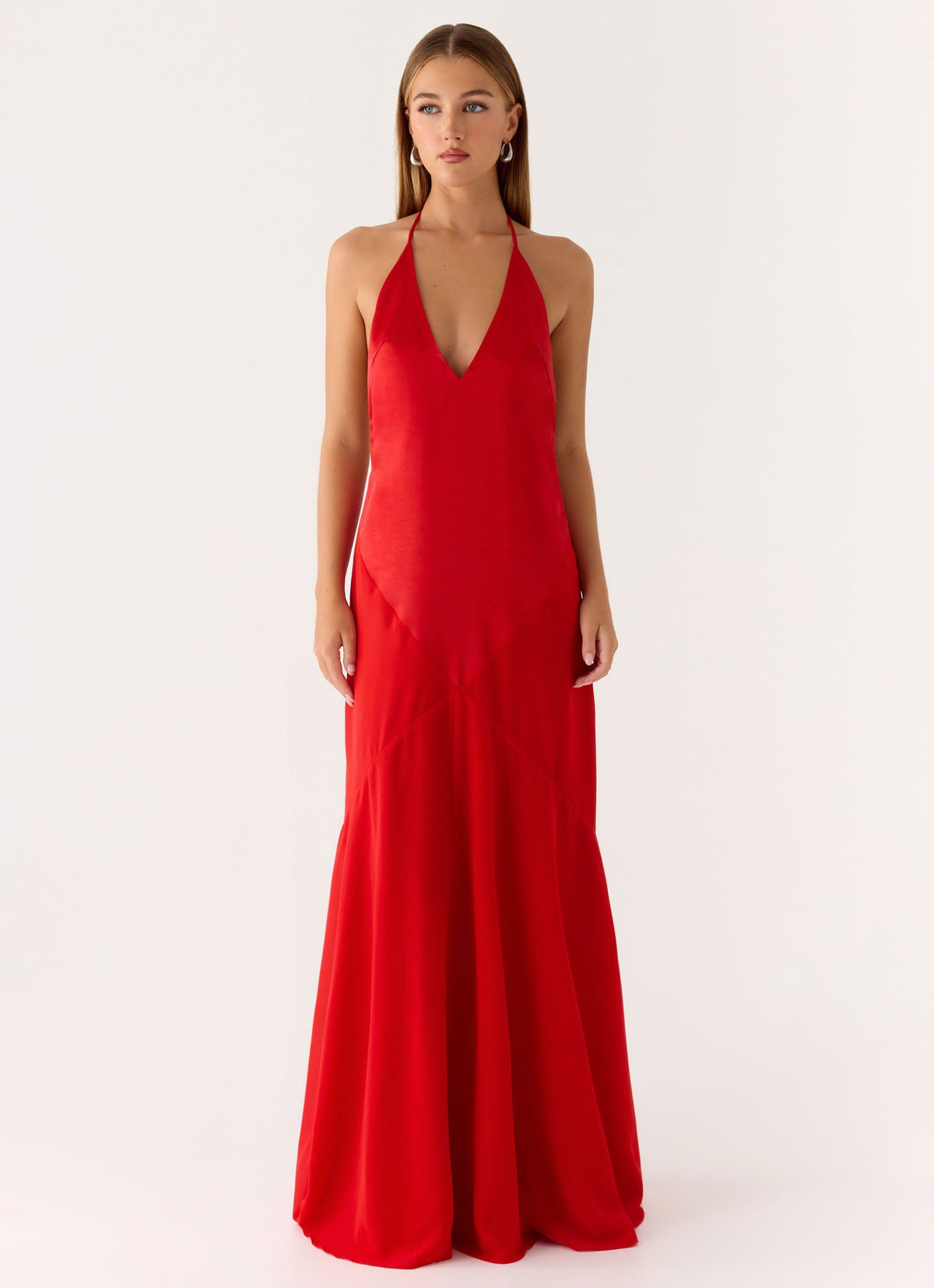 Deep-V Low-Back Satin Maxi Dress - Cherry