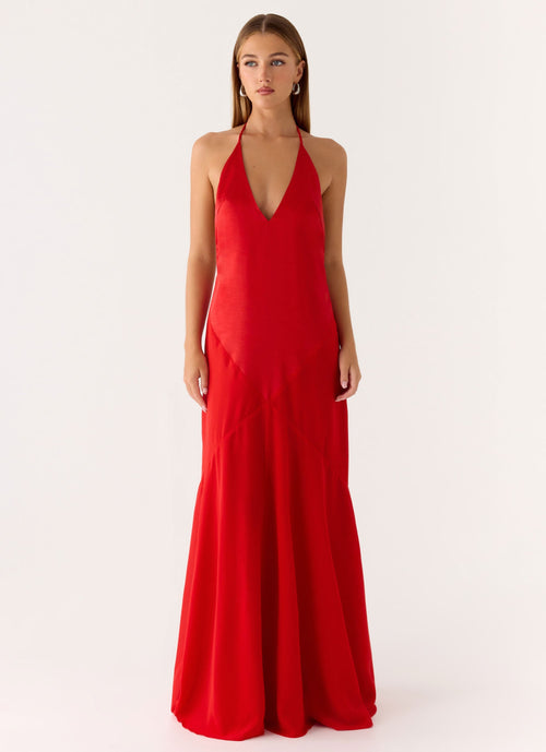 Deep-V Low-Back Satin Maxi Dress - Cherry