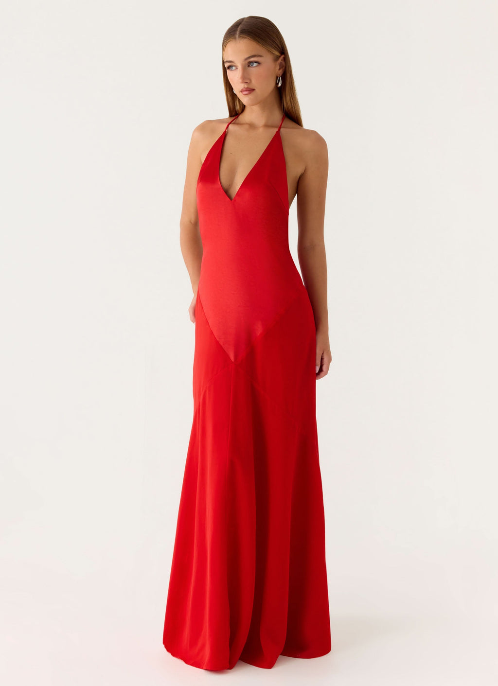 Deep-V Low-Back Satin Maxi Dress - Cherry