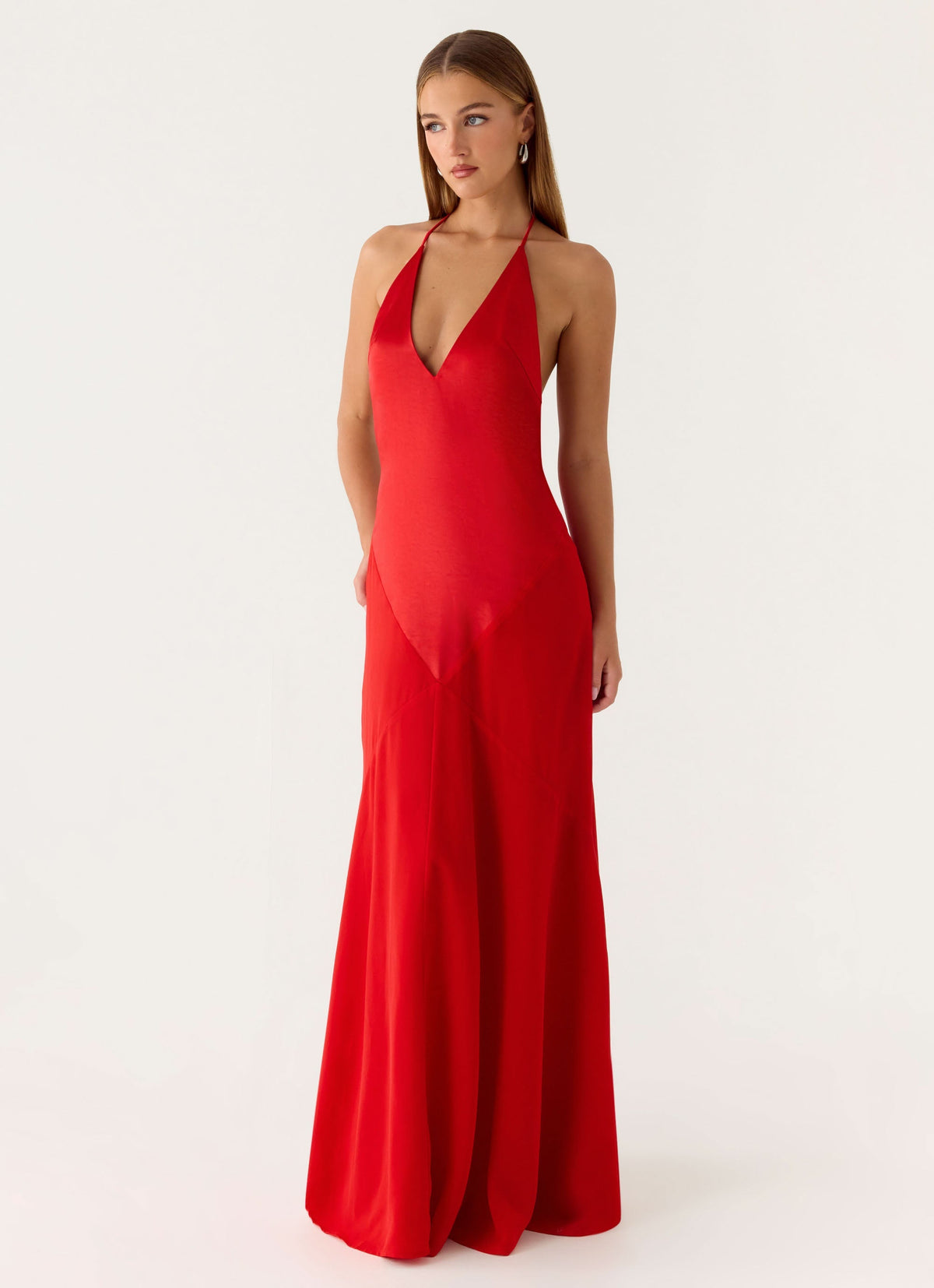 Deep-V Low-Back Satin Maxi Dress - Cherry
