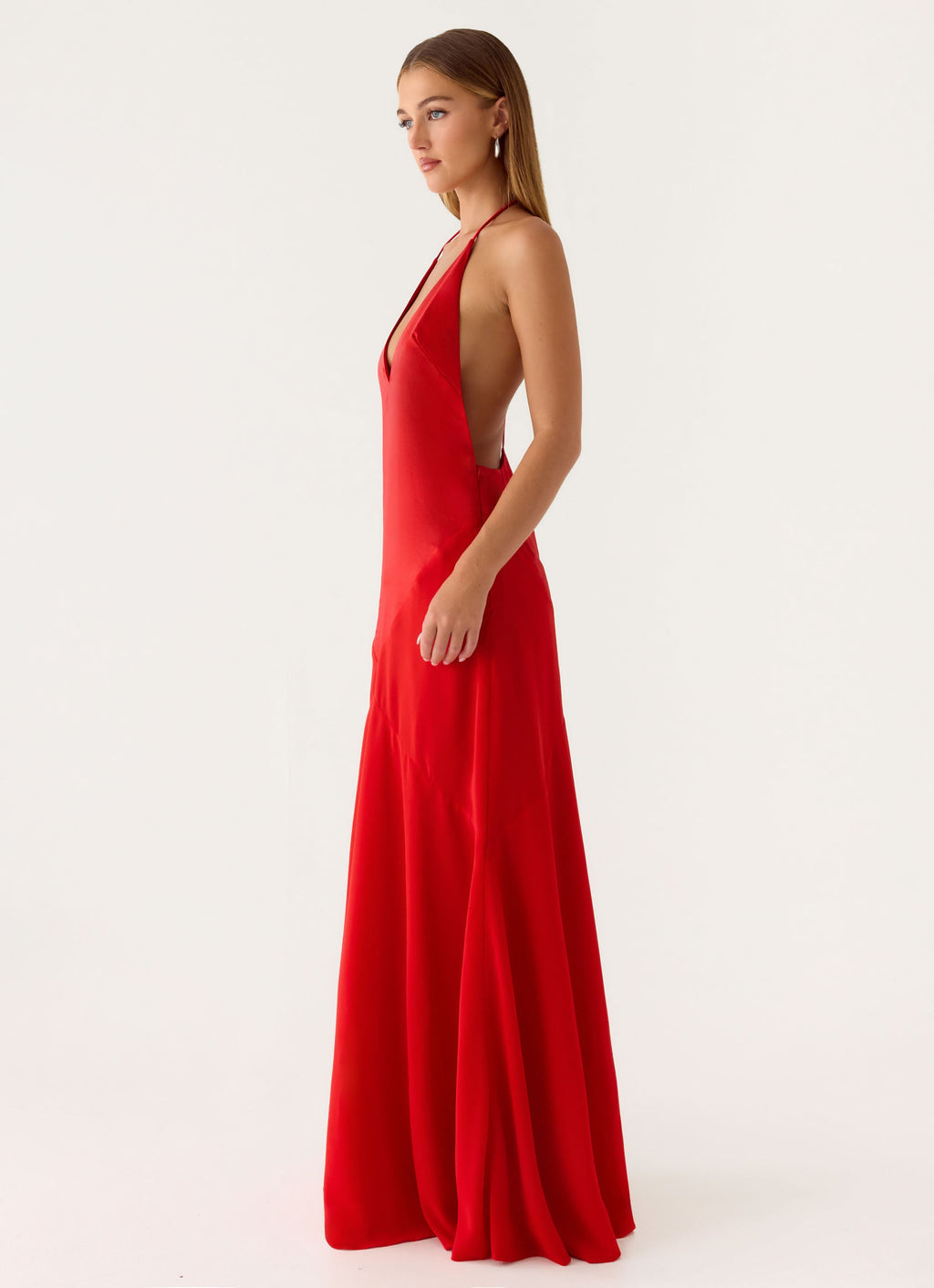 Deep-V Low-Back Satin Maxi Dress - Cherry