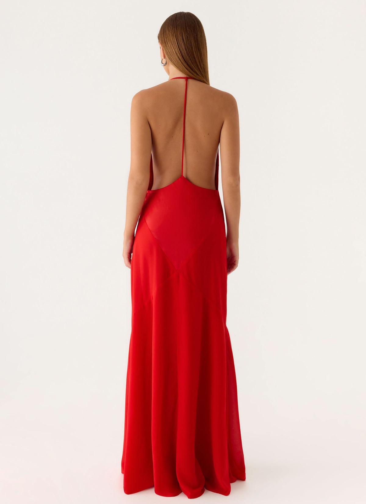 Deep-V Low-Back Satin Maxi Dress - Cherry