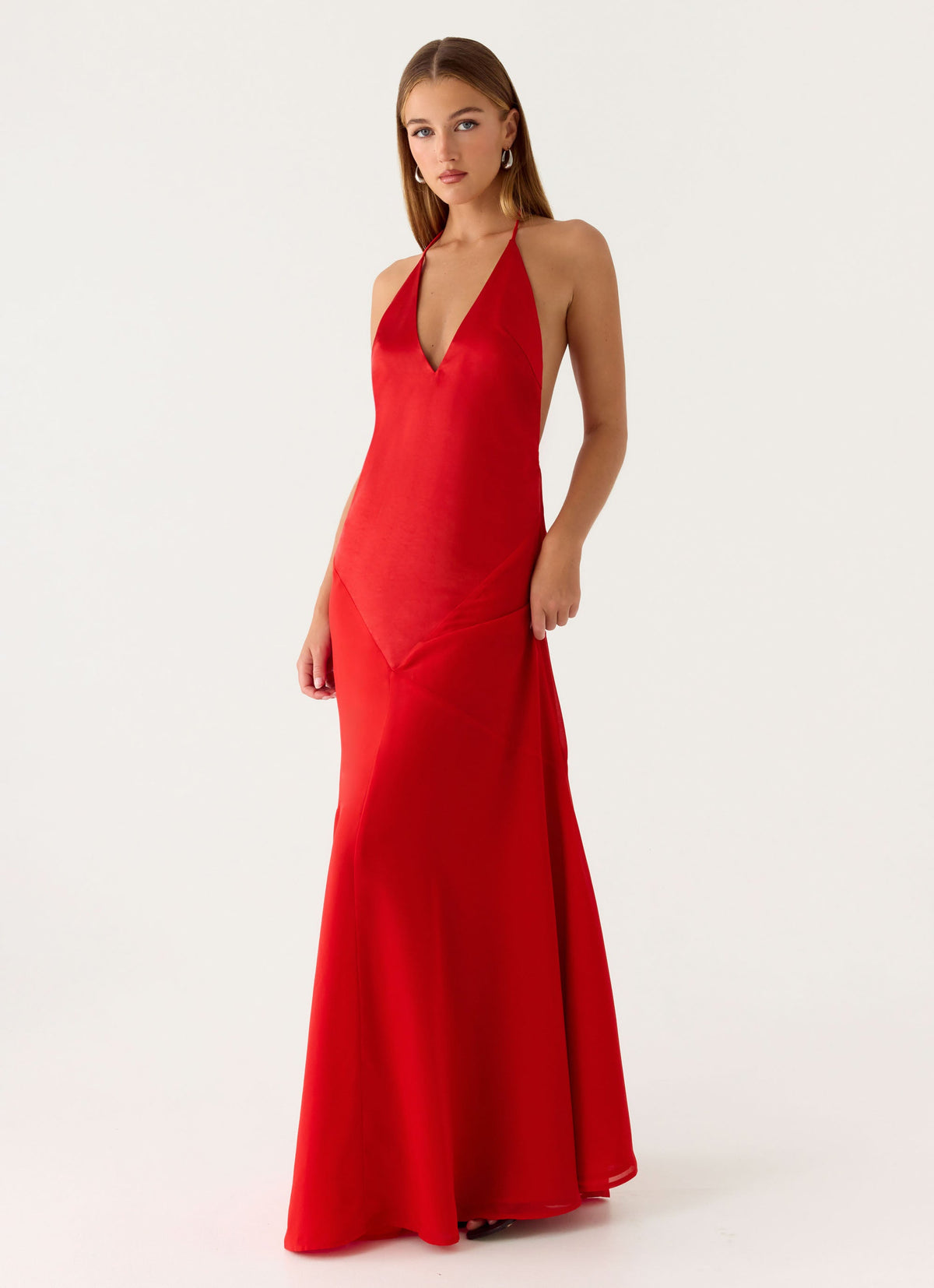 Deep-V Low-Back Satin Maxi Dress - Cherry