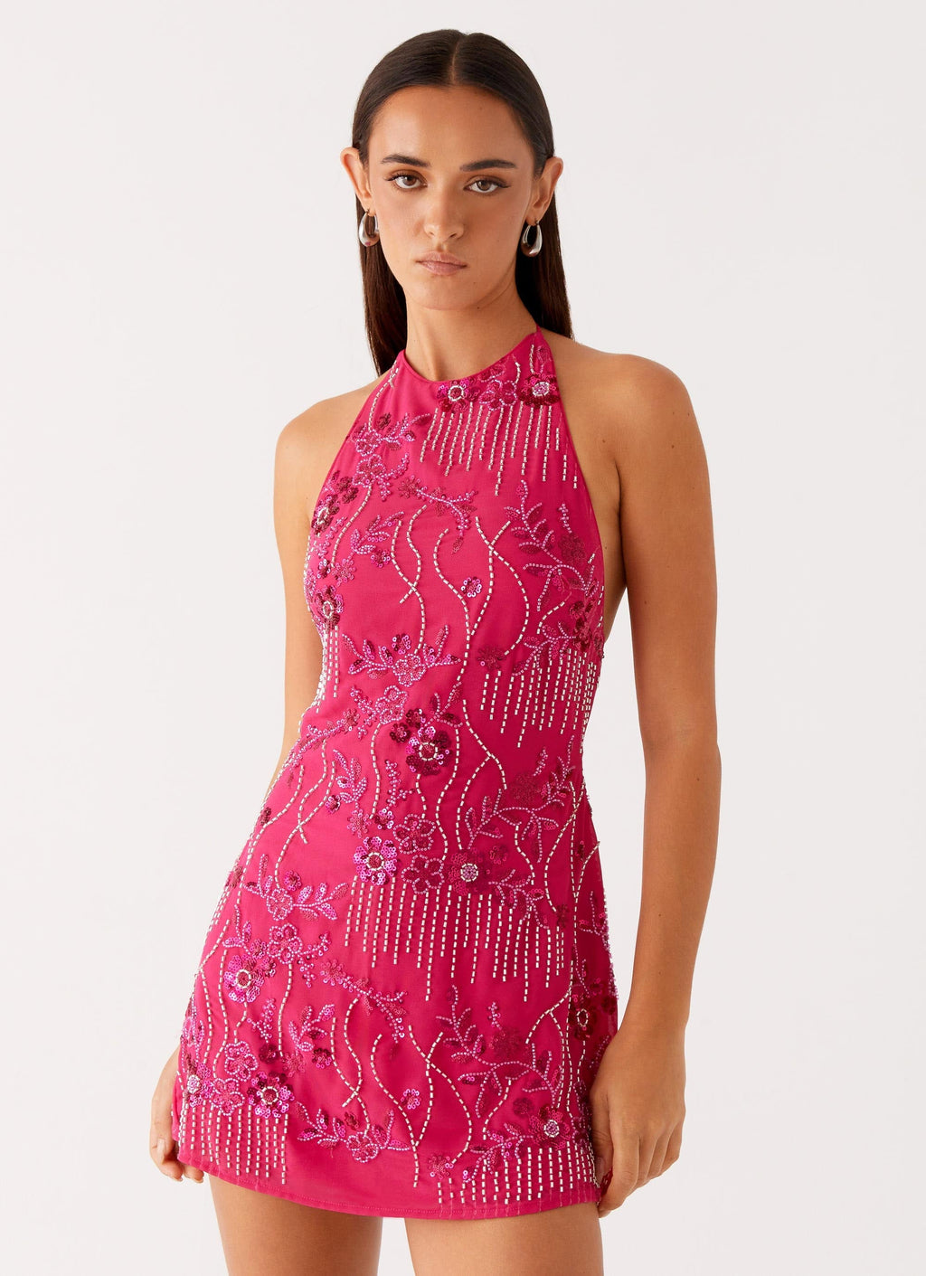 Beaded Halter Open-Back Mini Dress - Fuchsia