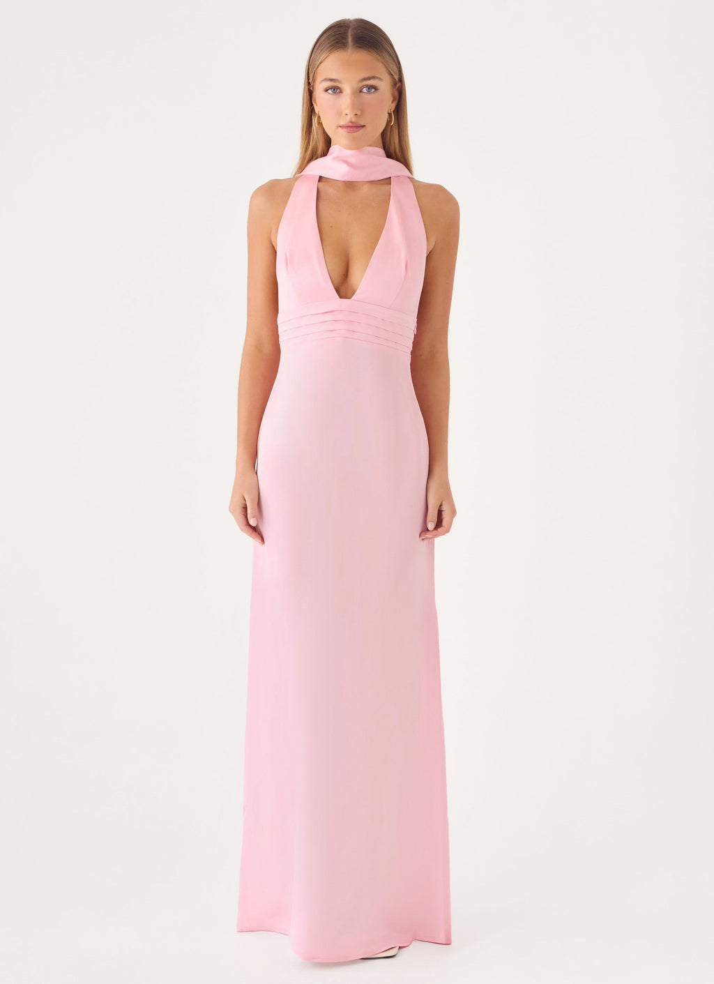 Halter Satin Maxi Dress with Scarf Detail - Pink