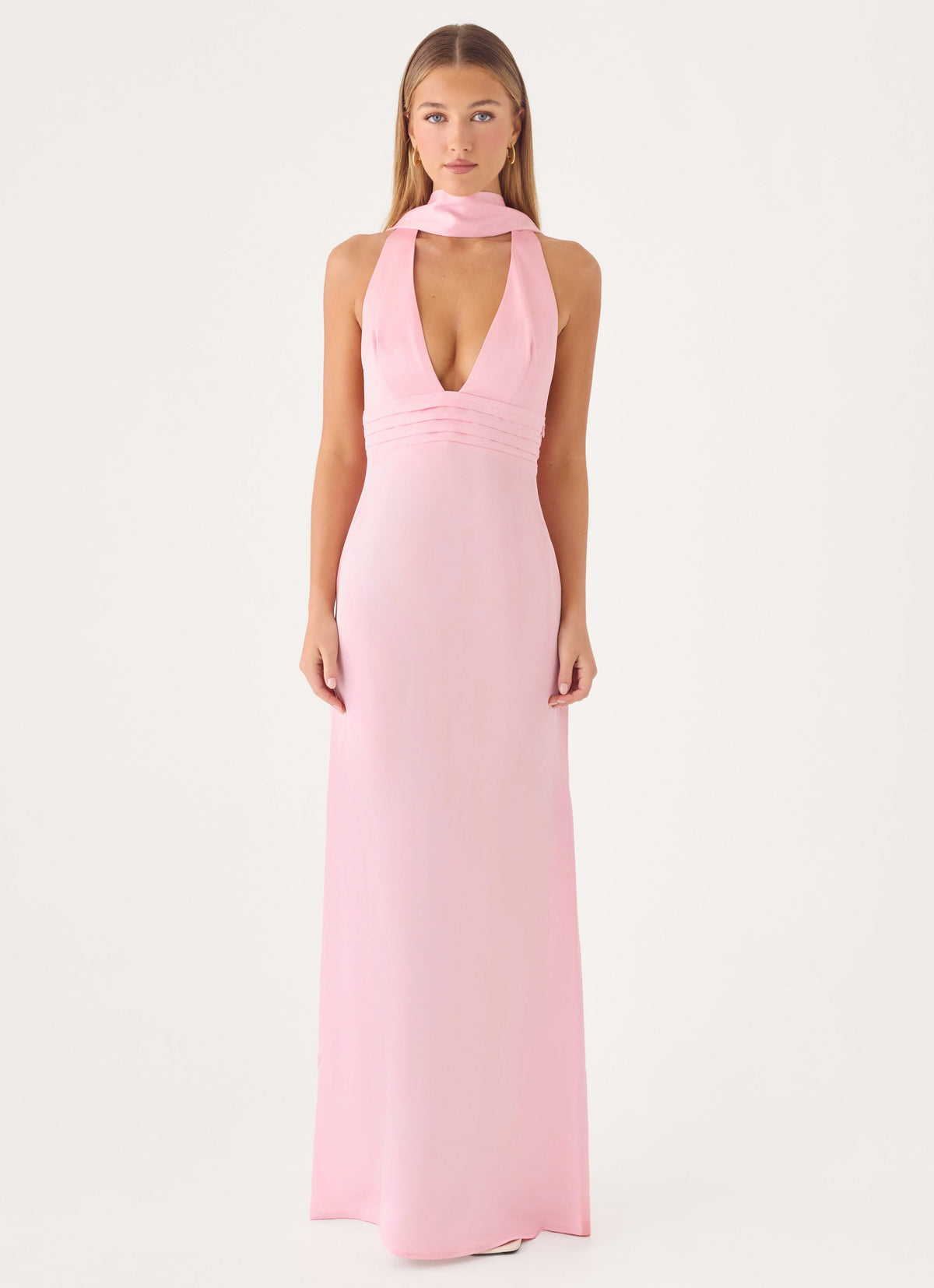 Halter Satin Maxi Dress with Scarf Detail - Pink