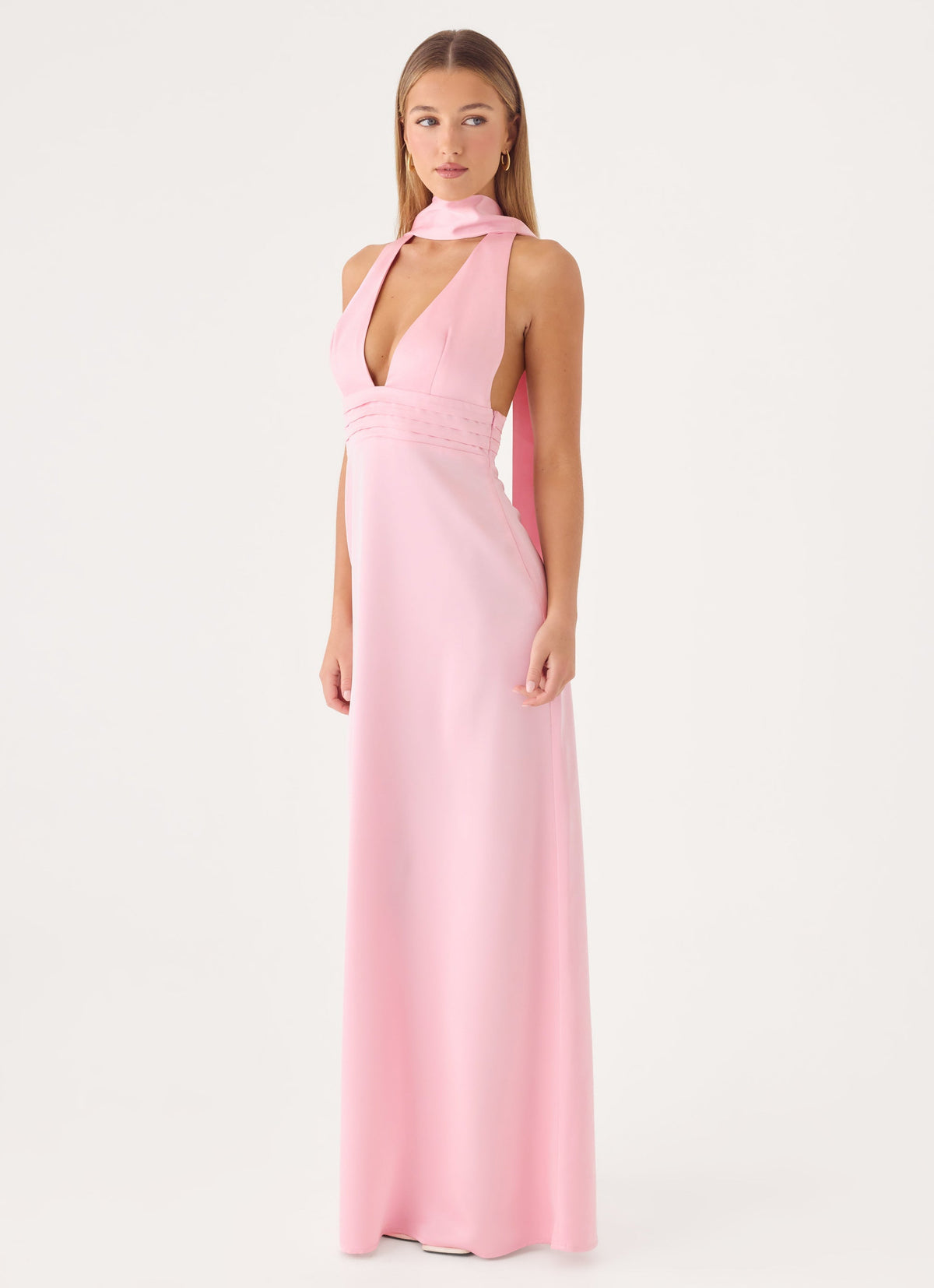 Halter Satin Maxi Dress with Scarf Detail - Pink