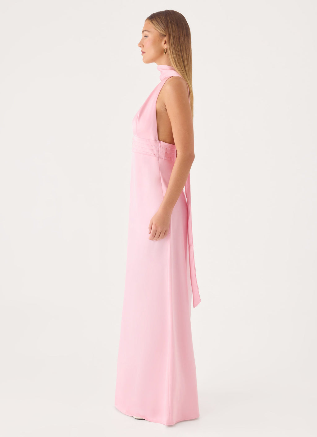 Halter Satin Maxi Dress with Scarf Detail - Pink