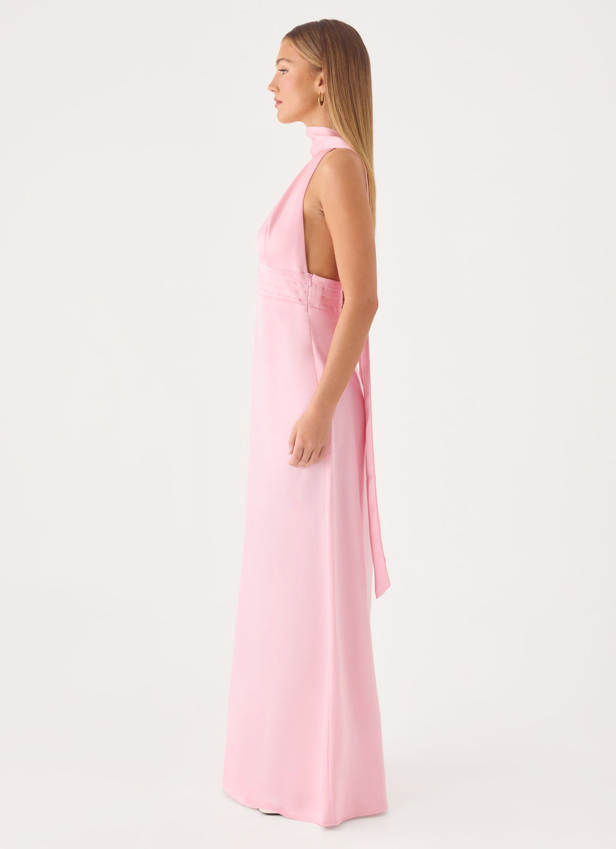 Halter Satin Maxi Dress with Scarf Detail - Pink