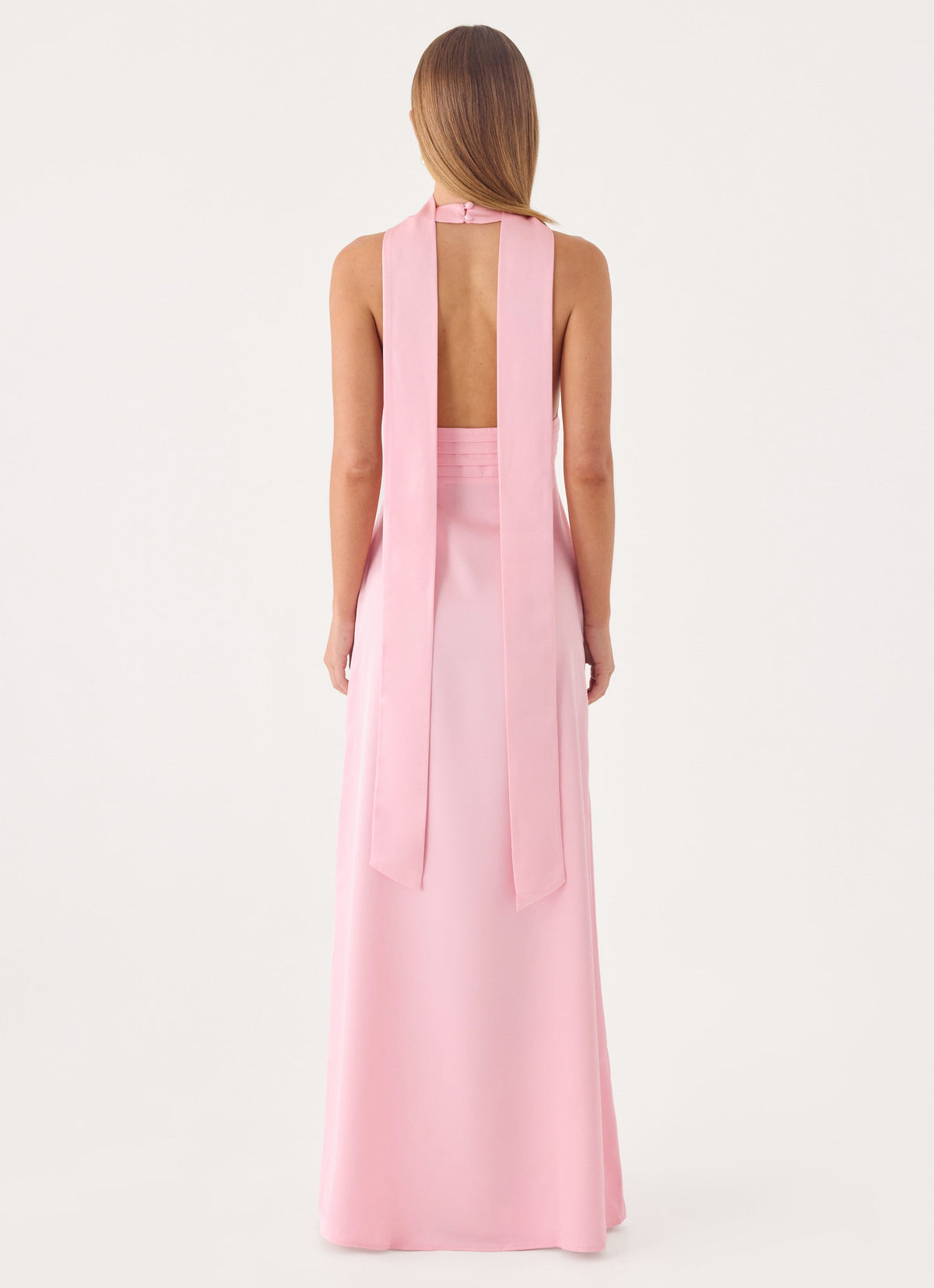 Halter Satin Maxi Dress with Scarf Detail - Pink