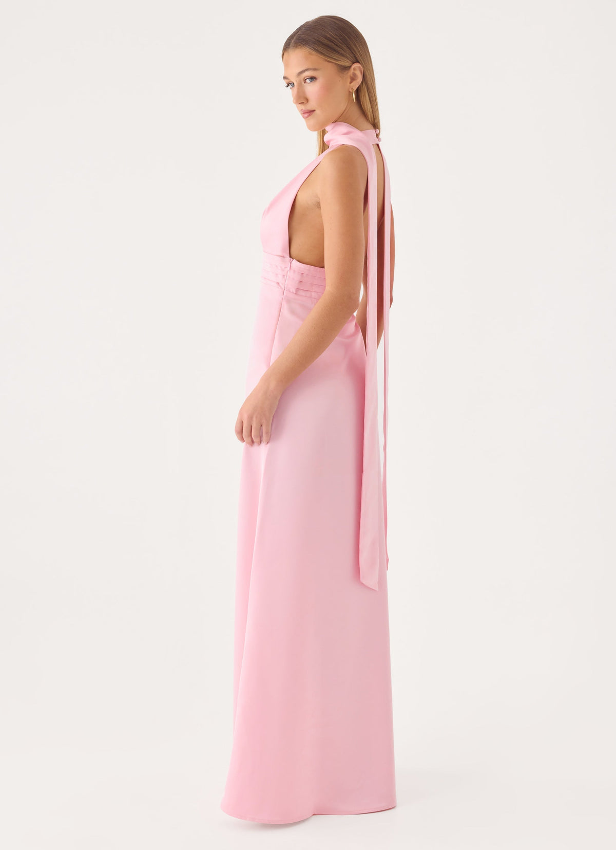 Halter Satin Maxi Dress with Scarf Detail - Pink
