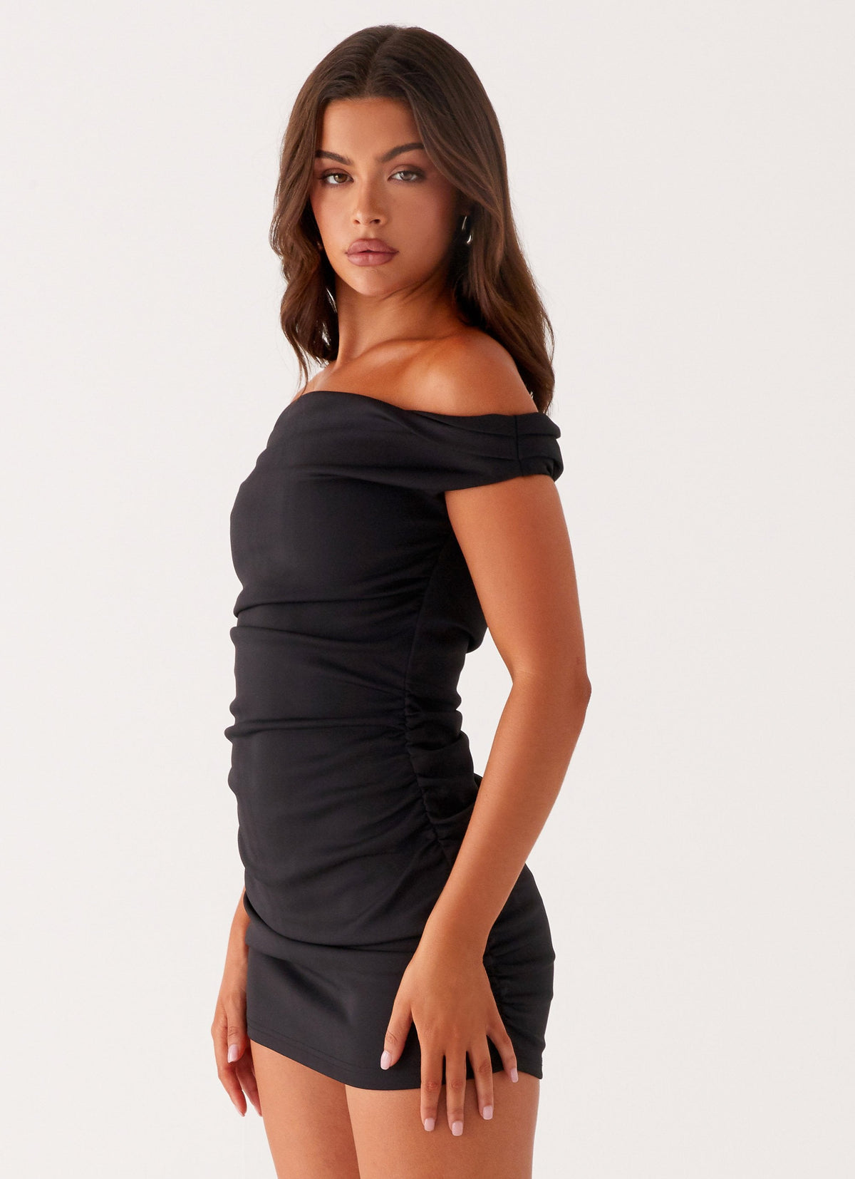 Ruched Off-Shoulder Mini Dress - Black