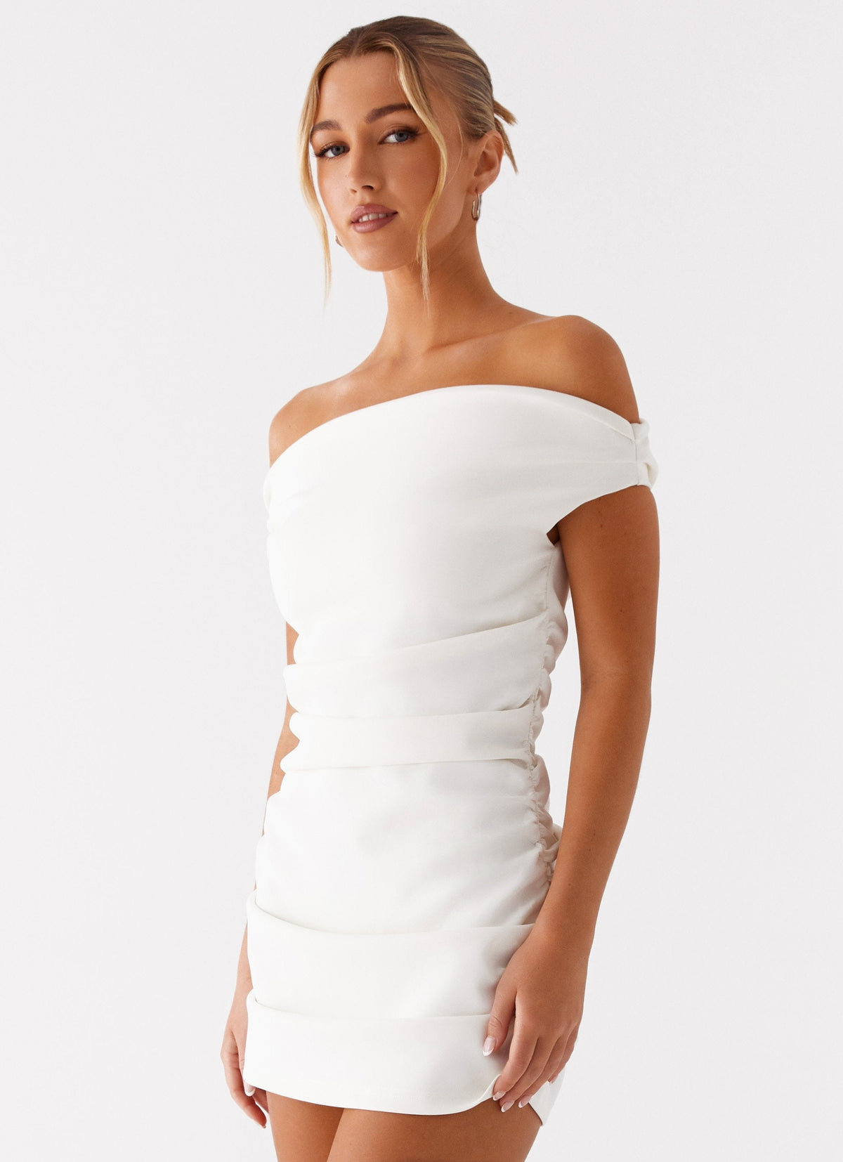 Ruched Off-Shoulder Mini Dress - Ivory