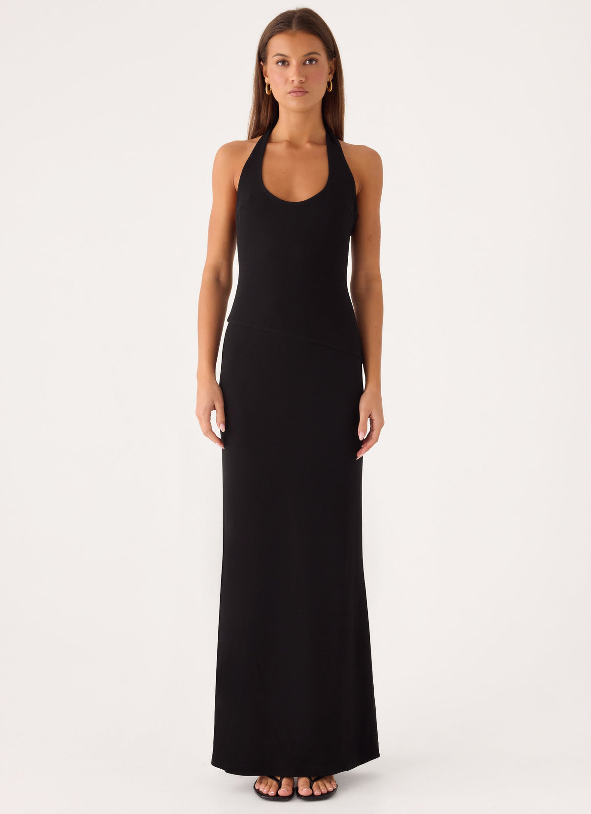 Self-Tie Halter Open-Back Crepe Maxi Dress - Black
