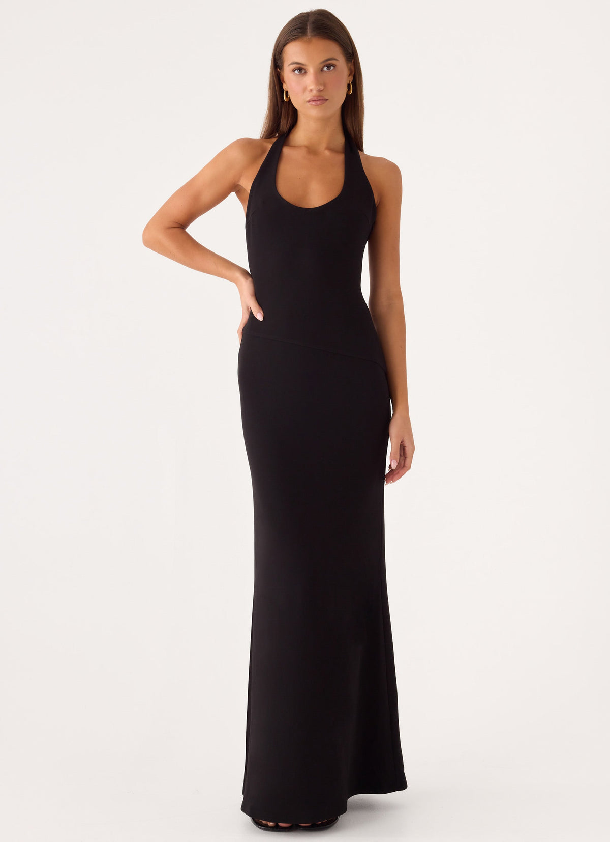 Self-Tie Halter Open-Back Crepe Maxi Dress - Black