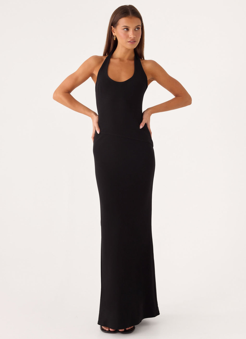 Self-Tie Halter Open-Back Crepe Maxi Dress - Black